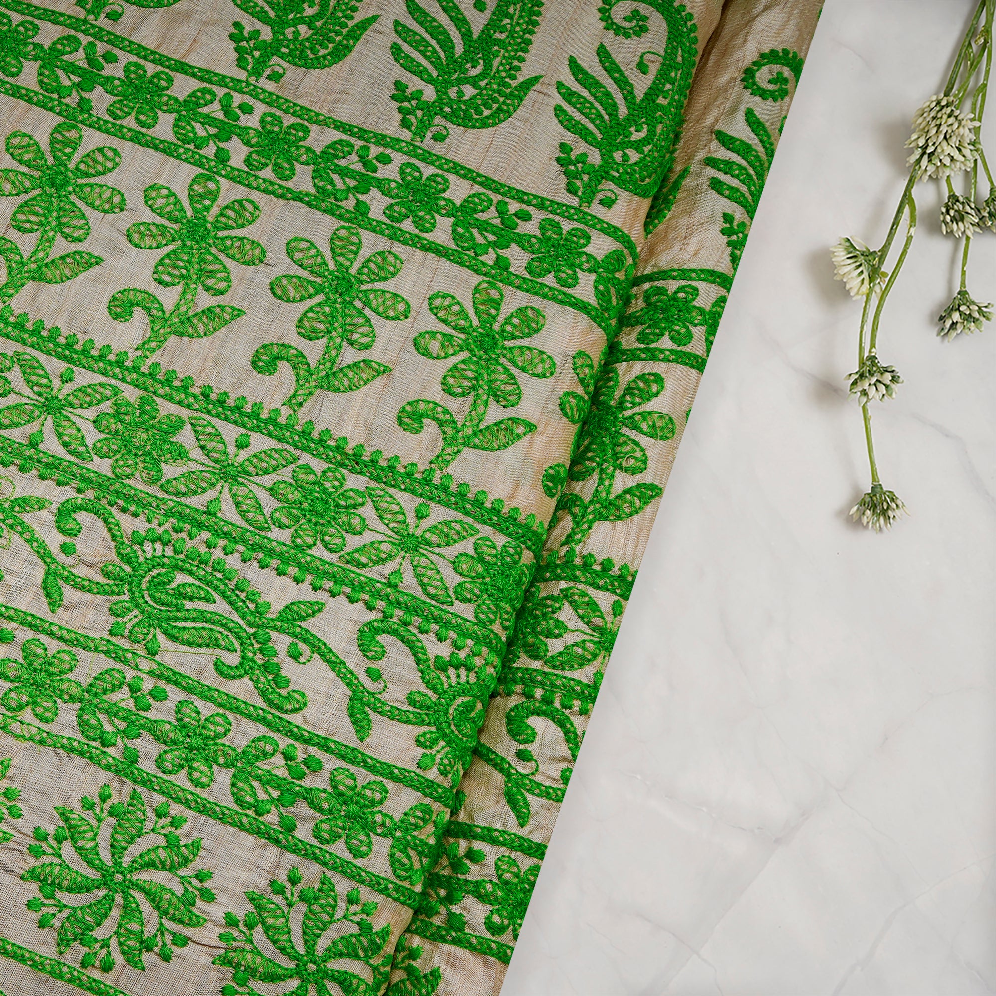 Beige-Green All Over Pattern Thread Embroidered Tusser Silk Fabric