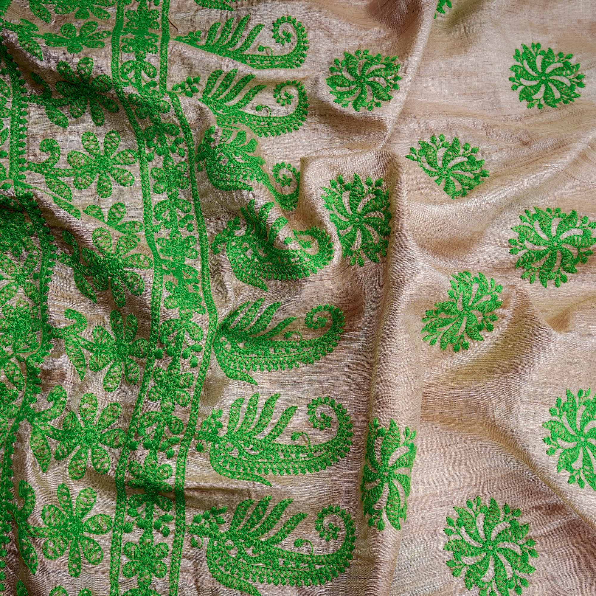 Beige-Green All Over Pattern Thread Embroidered Tusser Silk Fabric