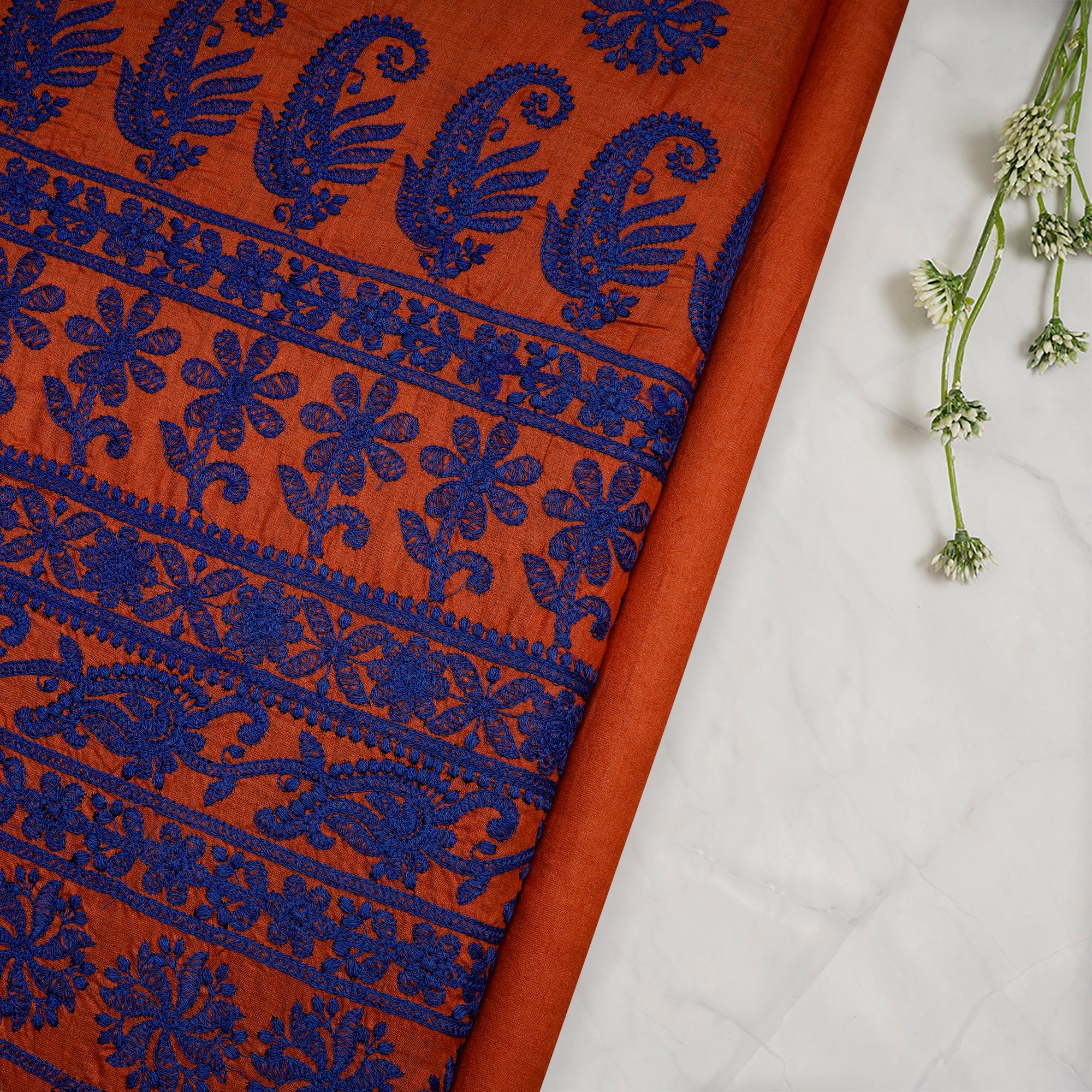 Orange-Blue All Over Pattern Thread Embroidered Tusser Silk Fabric