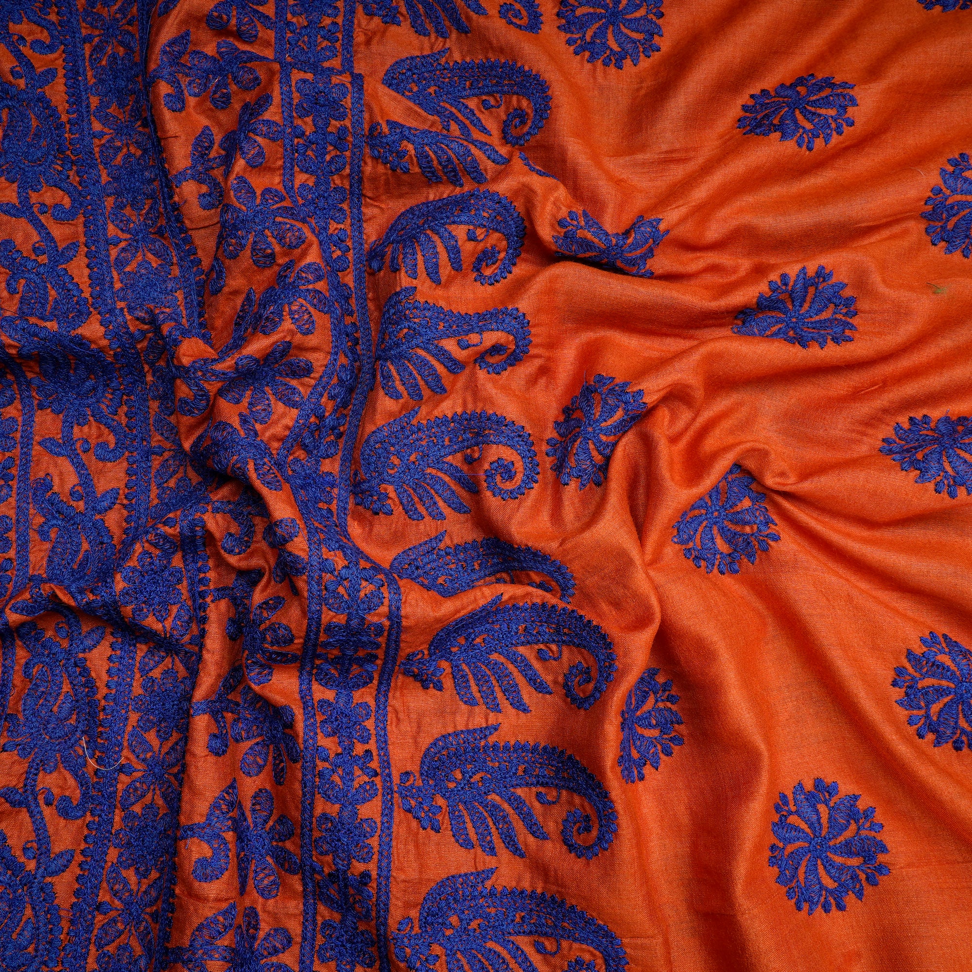 Orange-Blue All Over Pattern Thread Embroidered Tusser Silk Fabric