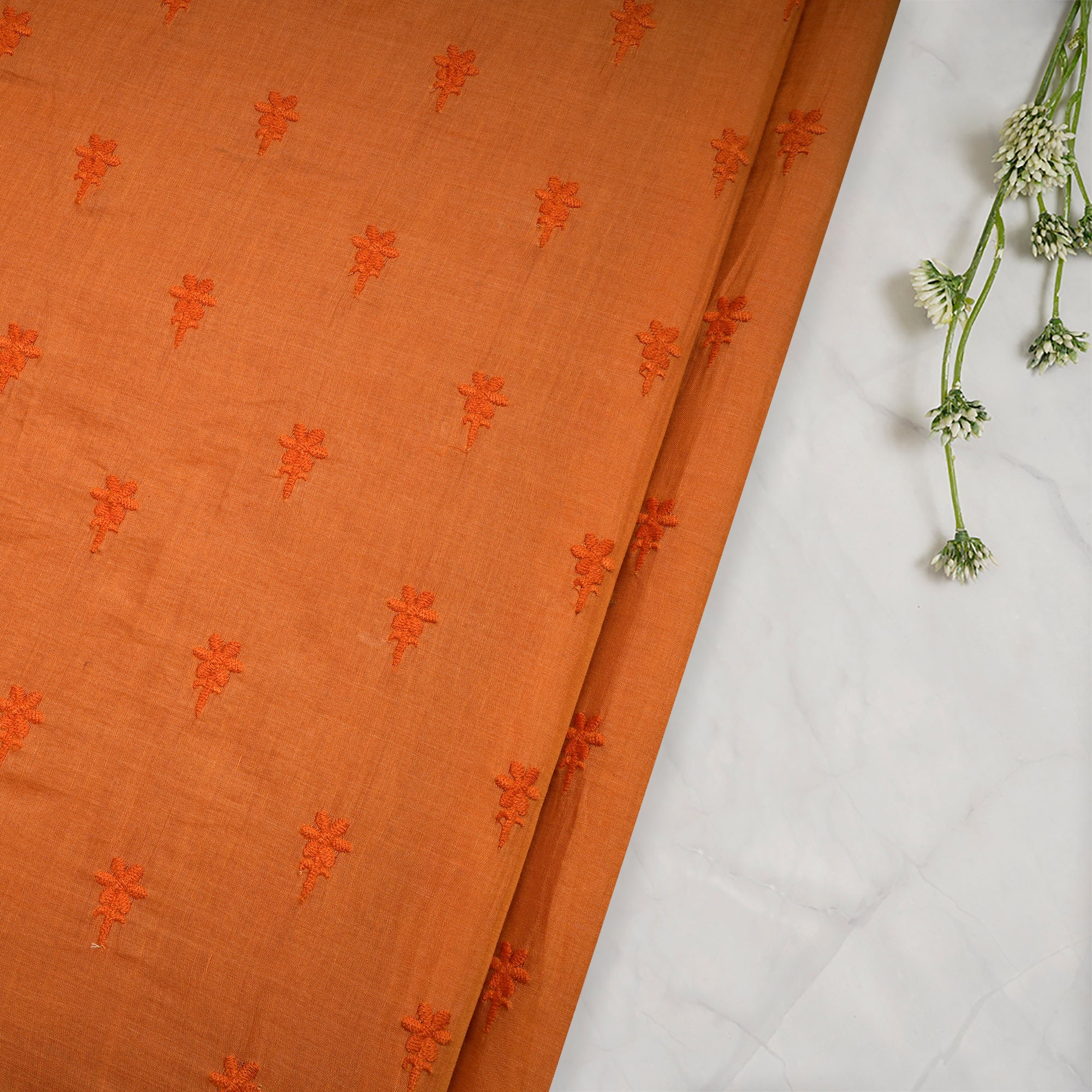 Orange Dyed Floral Pattern Thread Embroidered Tusser Chanderi Fabric