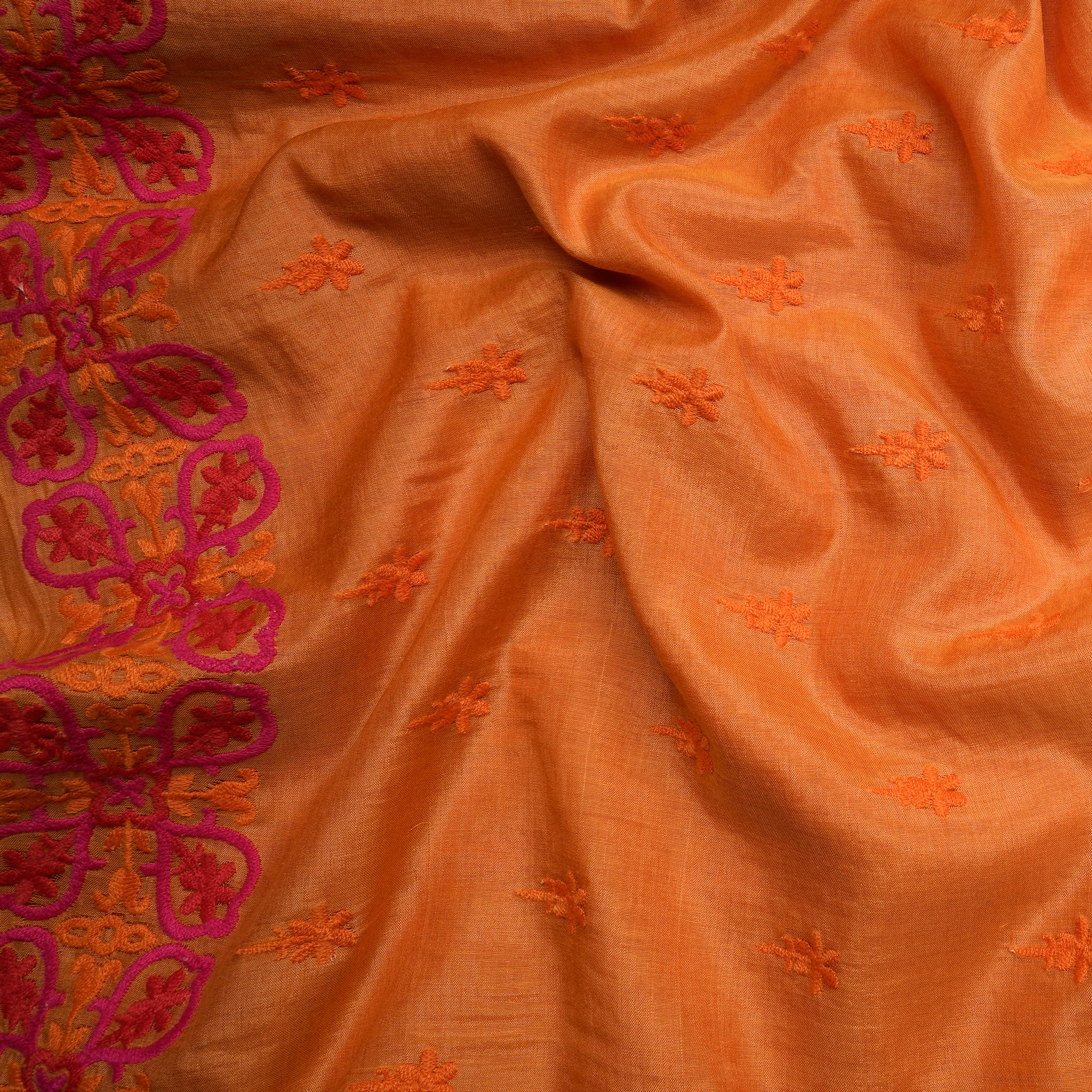 Orange Dyed Floral Pattern Thread Embroidered Tusser Chanderi Fabric