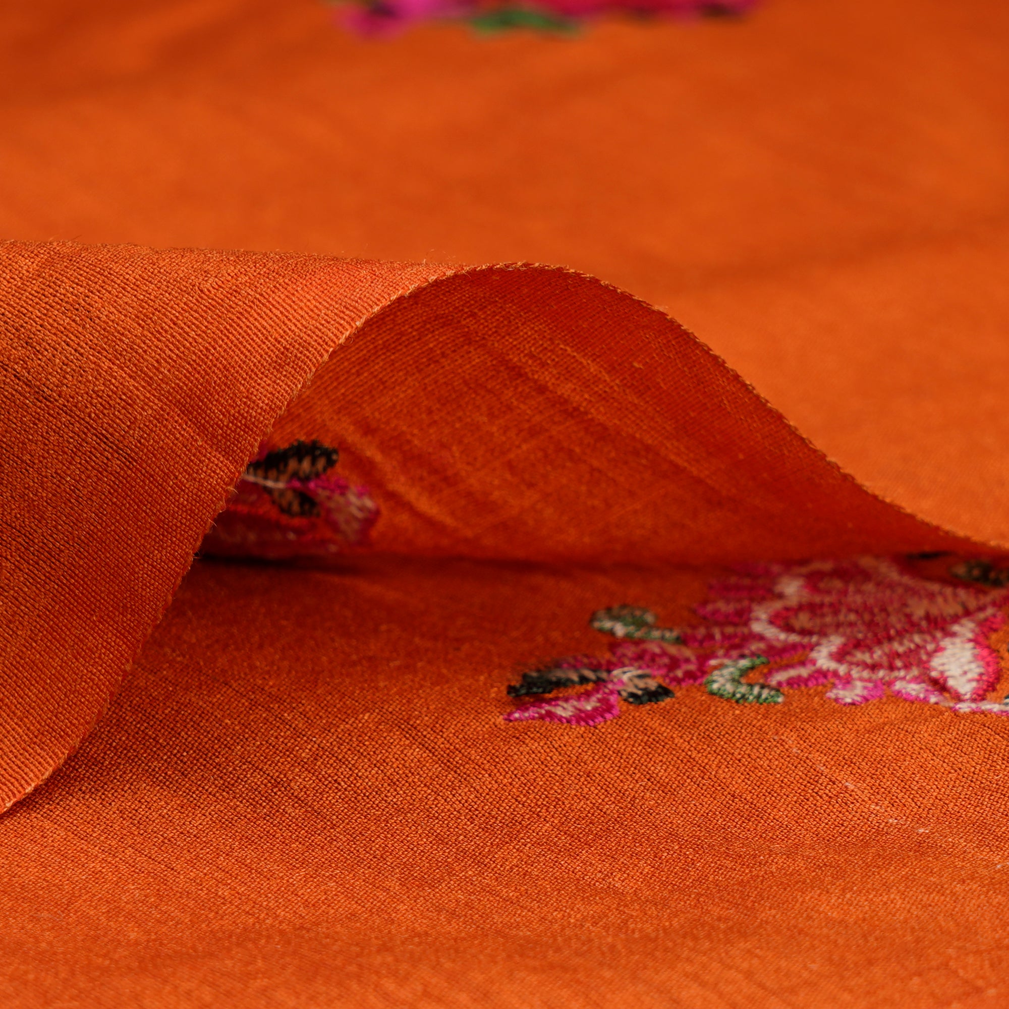 Orange-Pink Color Embroidered Natural Silk Fabric