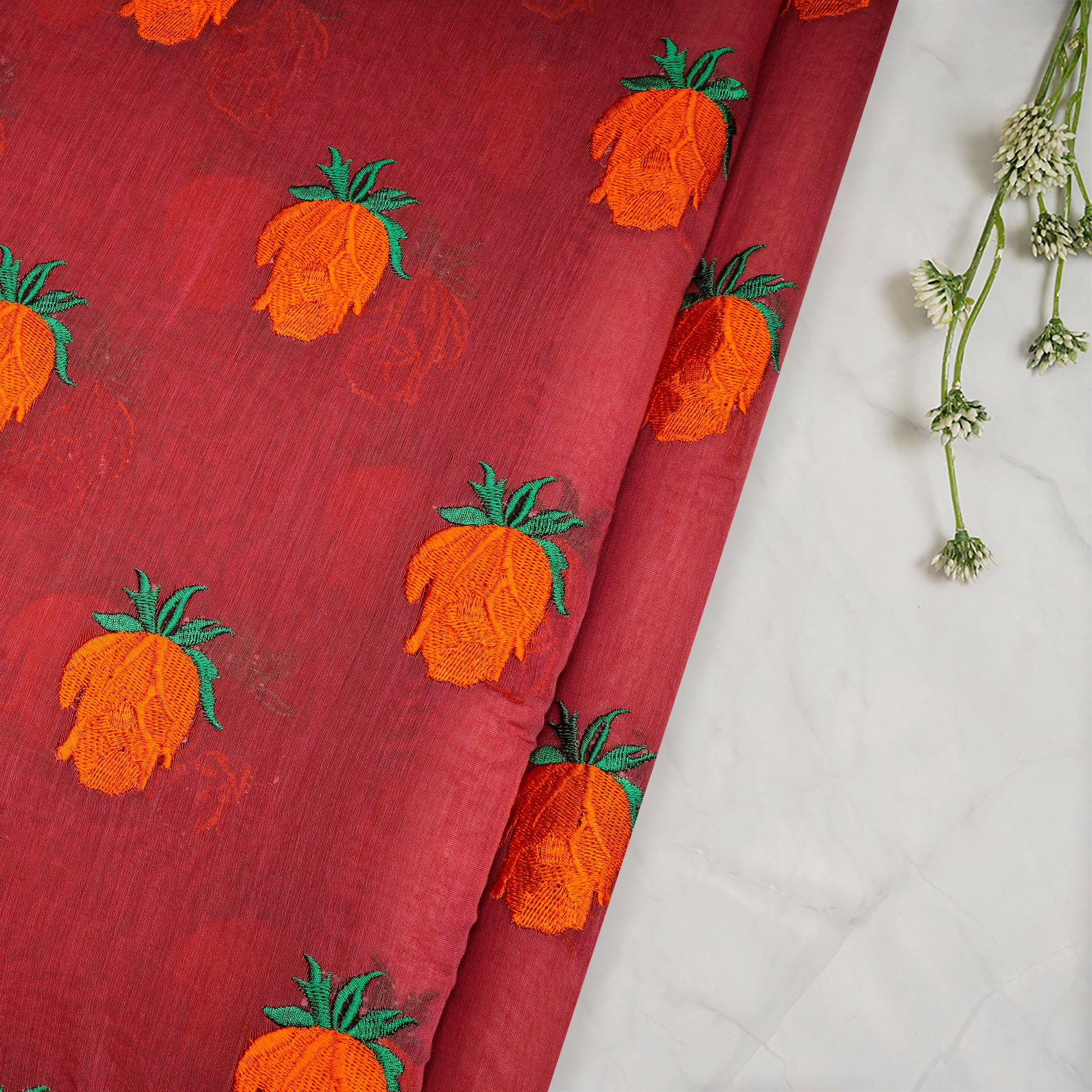 Tomato Puree Motif Pattern Thread Embroidered Chanderi Fabric