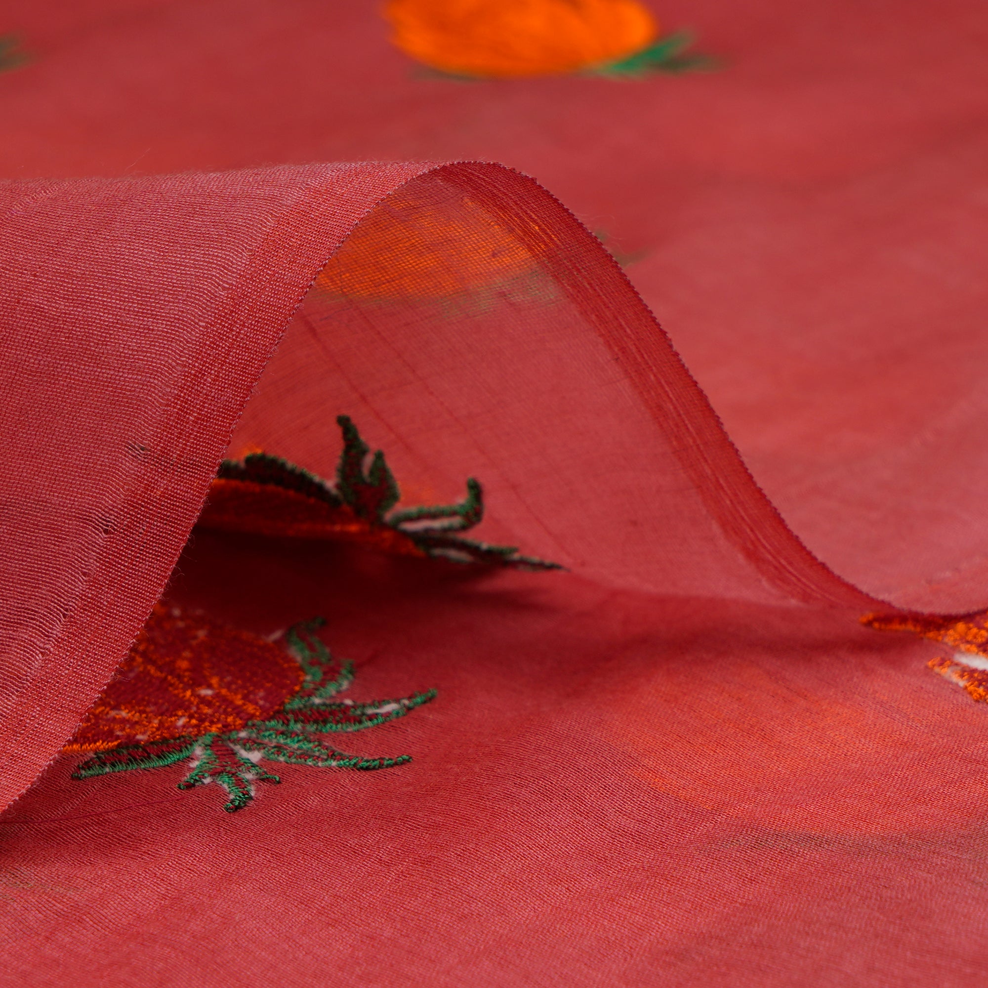 Tomato Puree Motif Pattern Thread Embroidered Chanderi Fabric