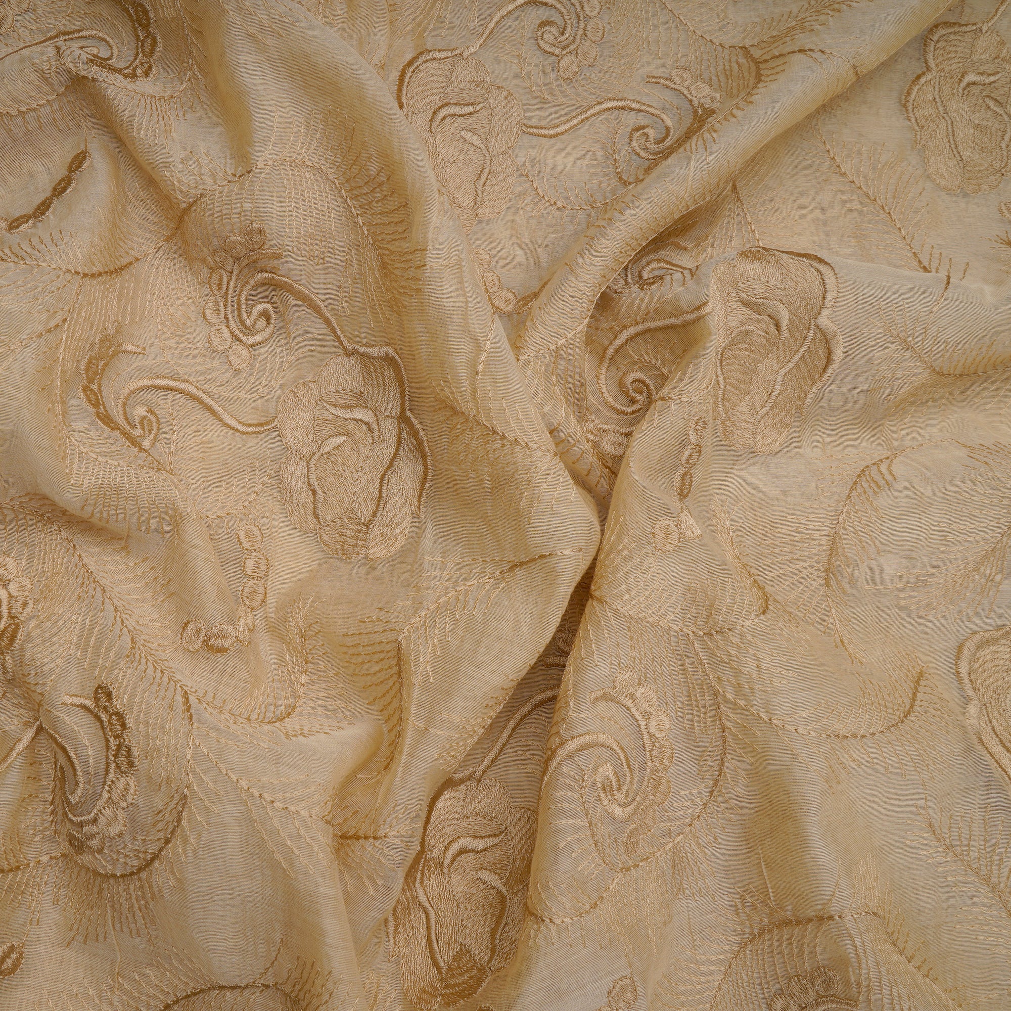 Beige Dyed All Over Pattern Thread Embroidered Chanderi Fabric