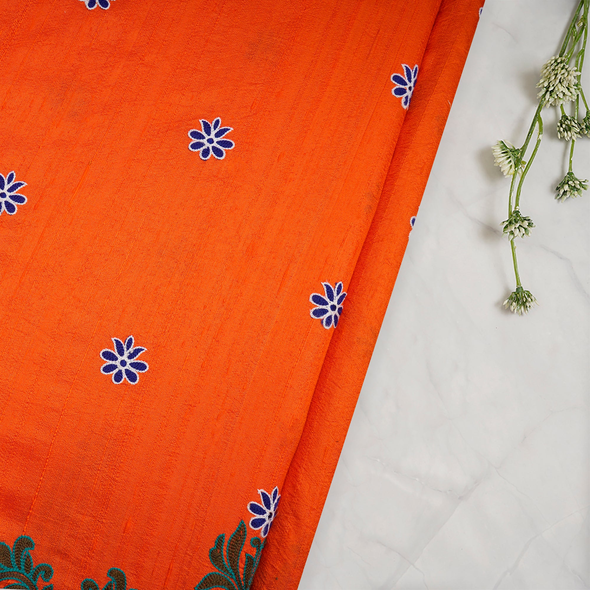 Orange Floral Pattern Thread Embroidered Raw Silk Fabric