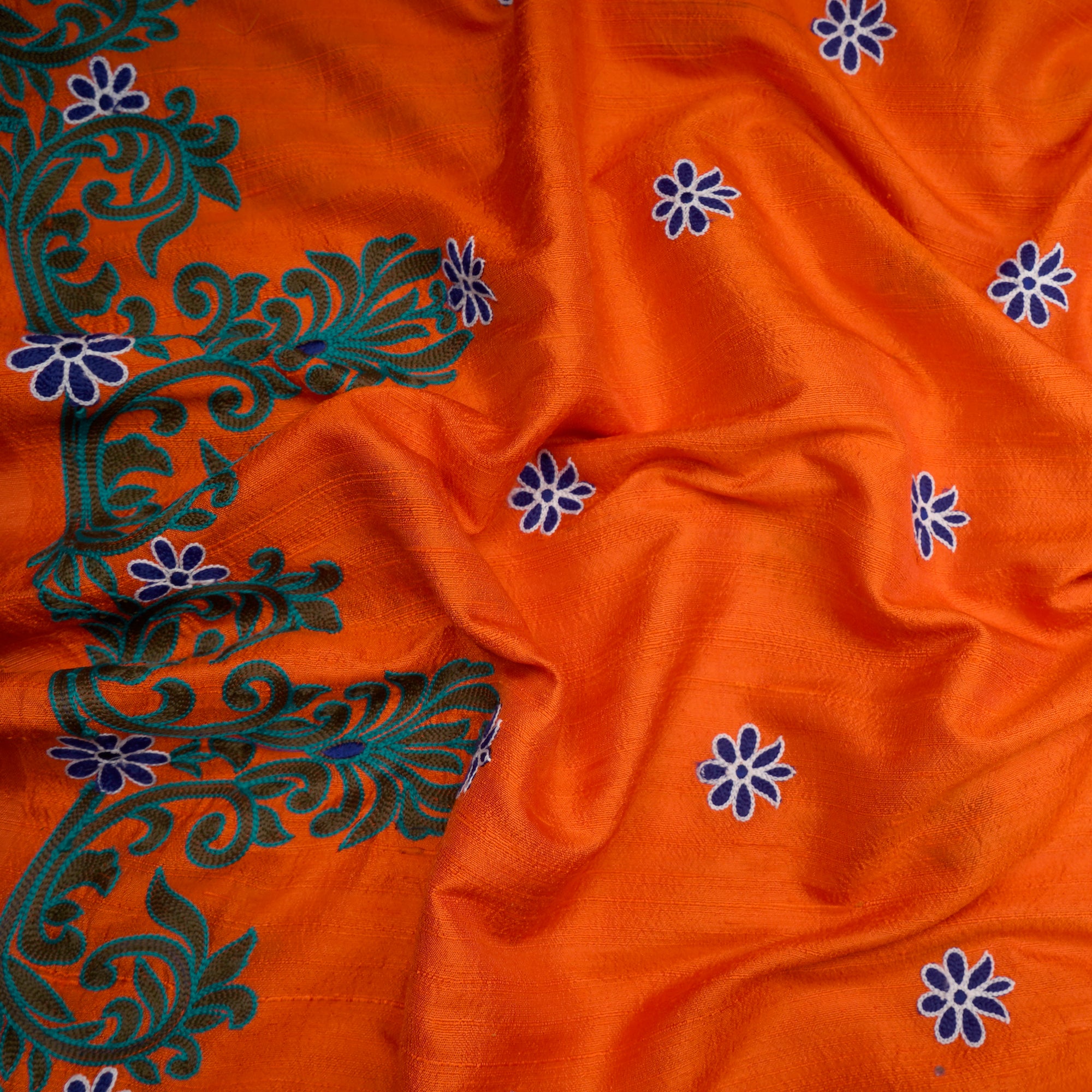 Orange Floral Pattern Thread Embroidered Raw Silk Fabric