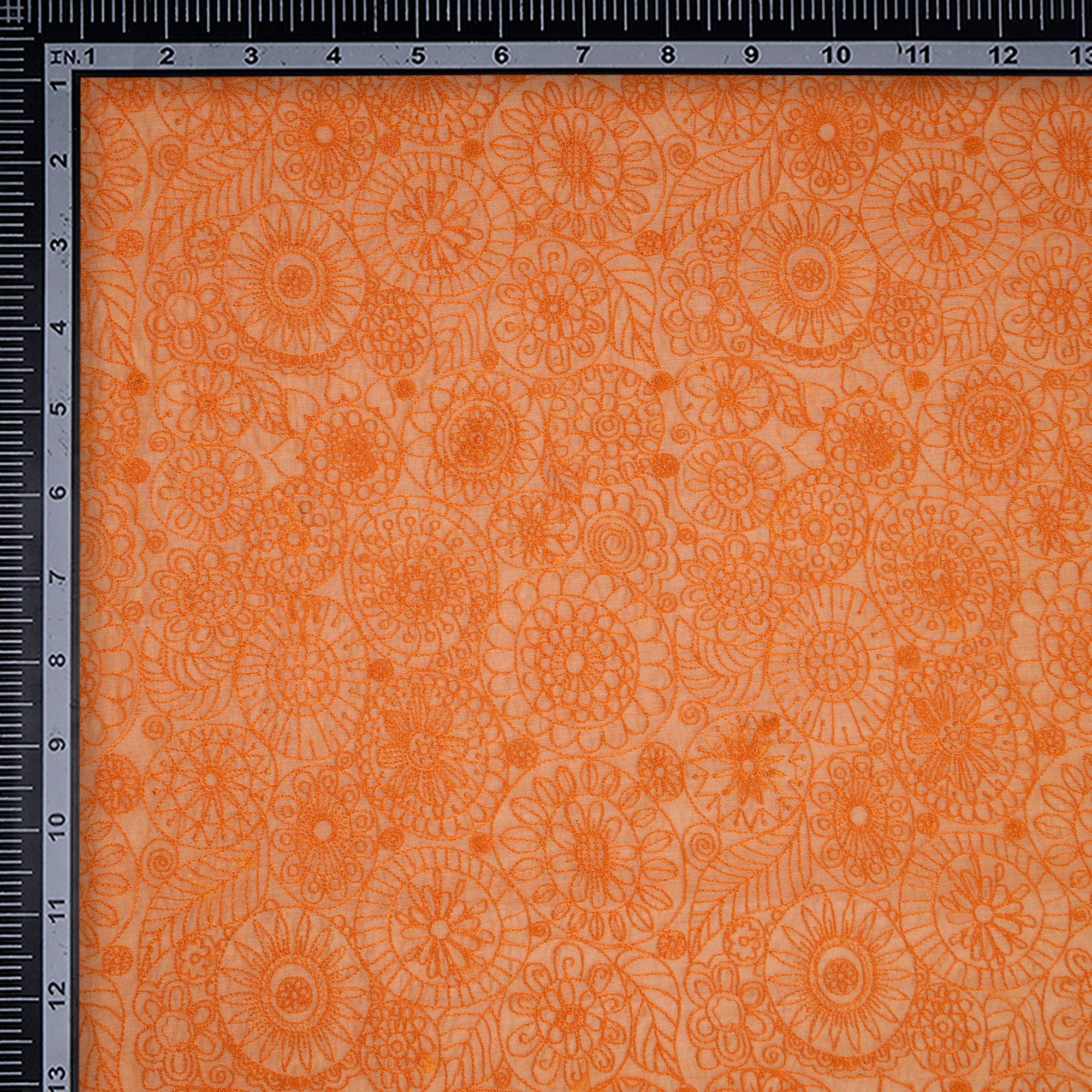 Orange Dyed All Over Pattern Thread Embroidered Chanderi Fabric