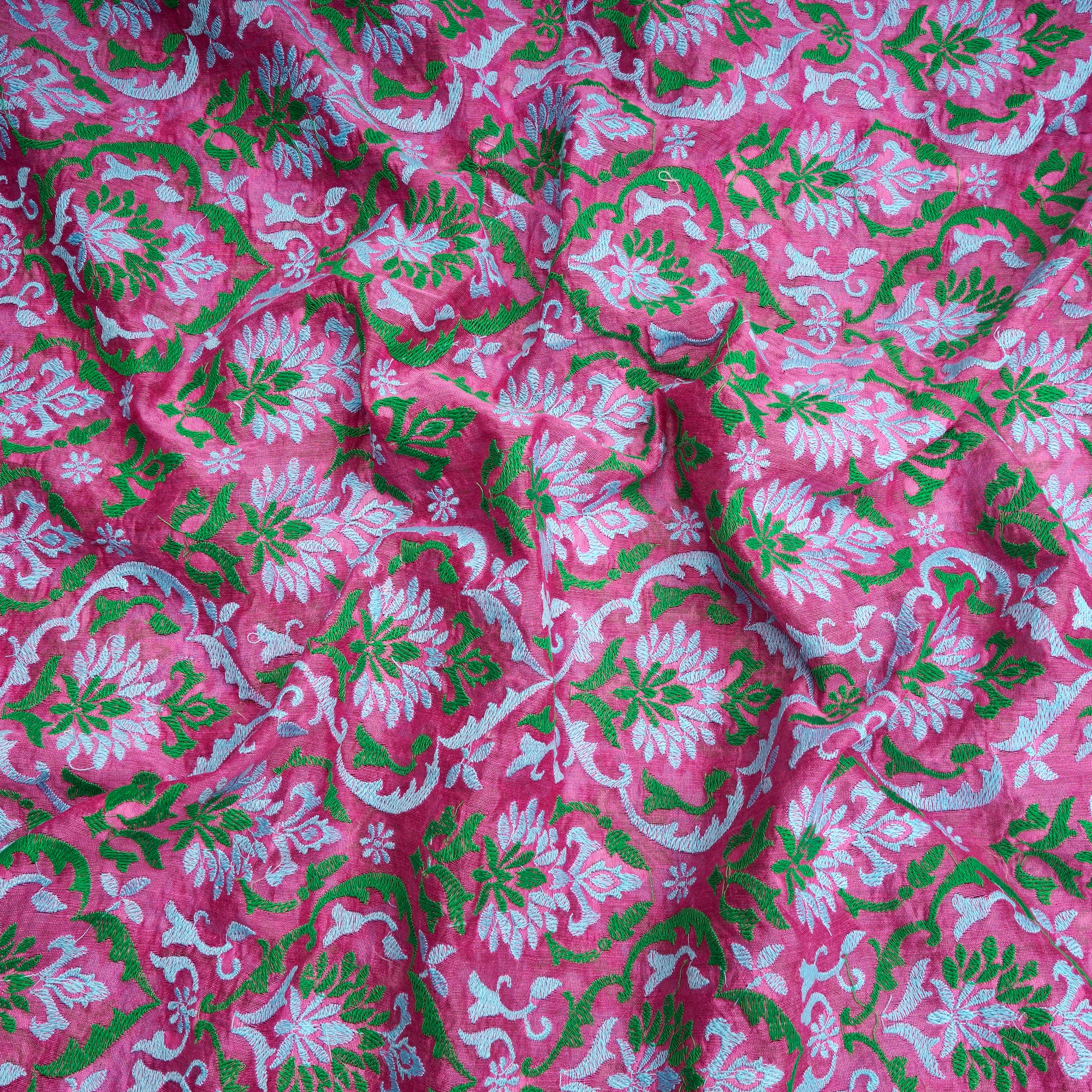 Pink Dyed All Over Pattern Thread Embroidered Chanderi Fabric