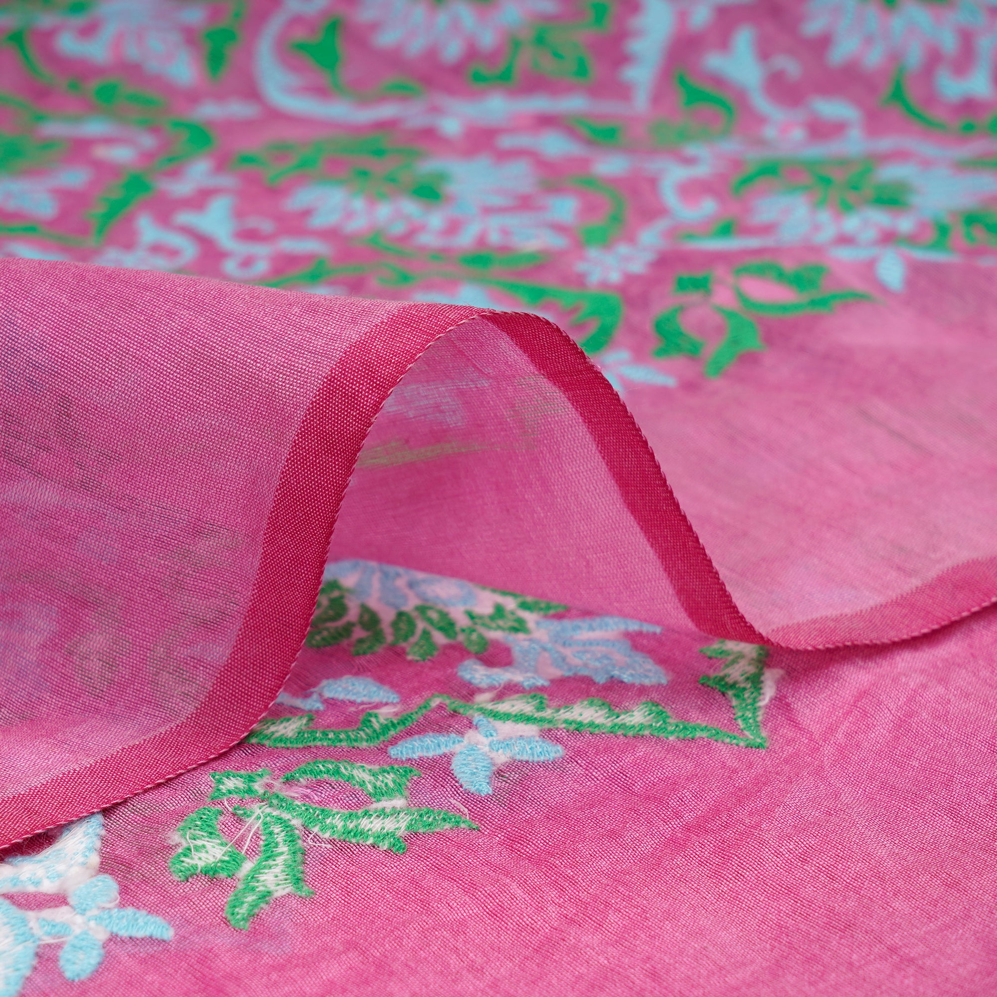 Pink Dyed All Over Pattern Thread Embroidered Chanderi Fabric