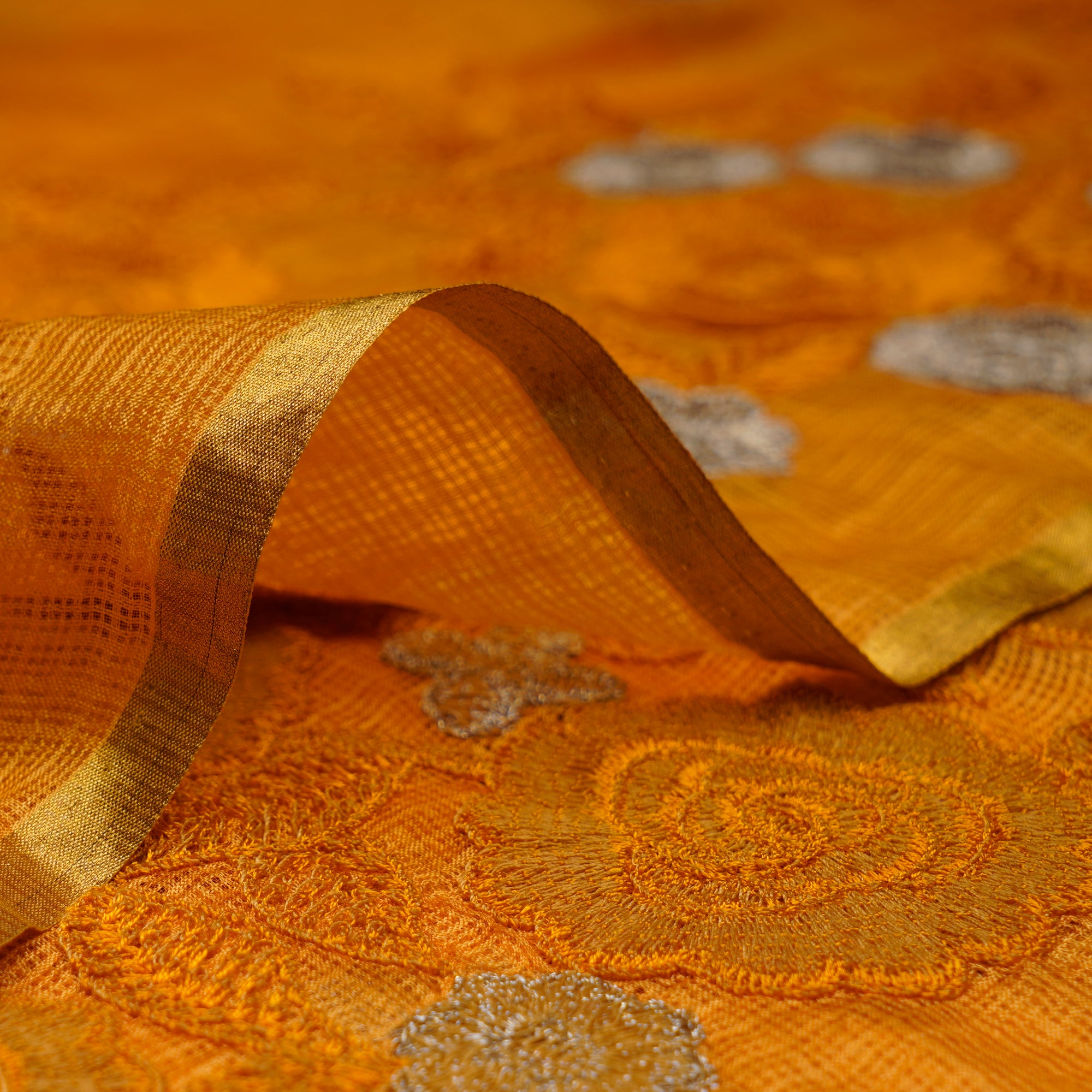 Orange Color Embroidered Kota Silk Fabric