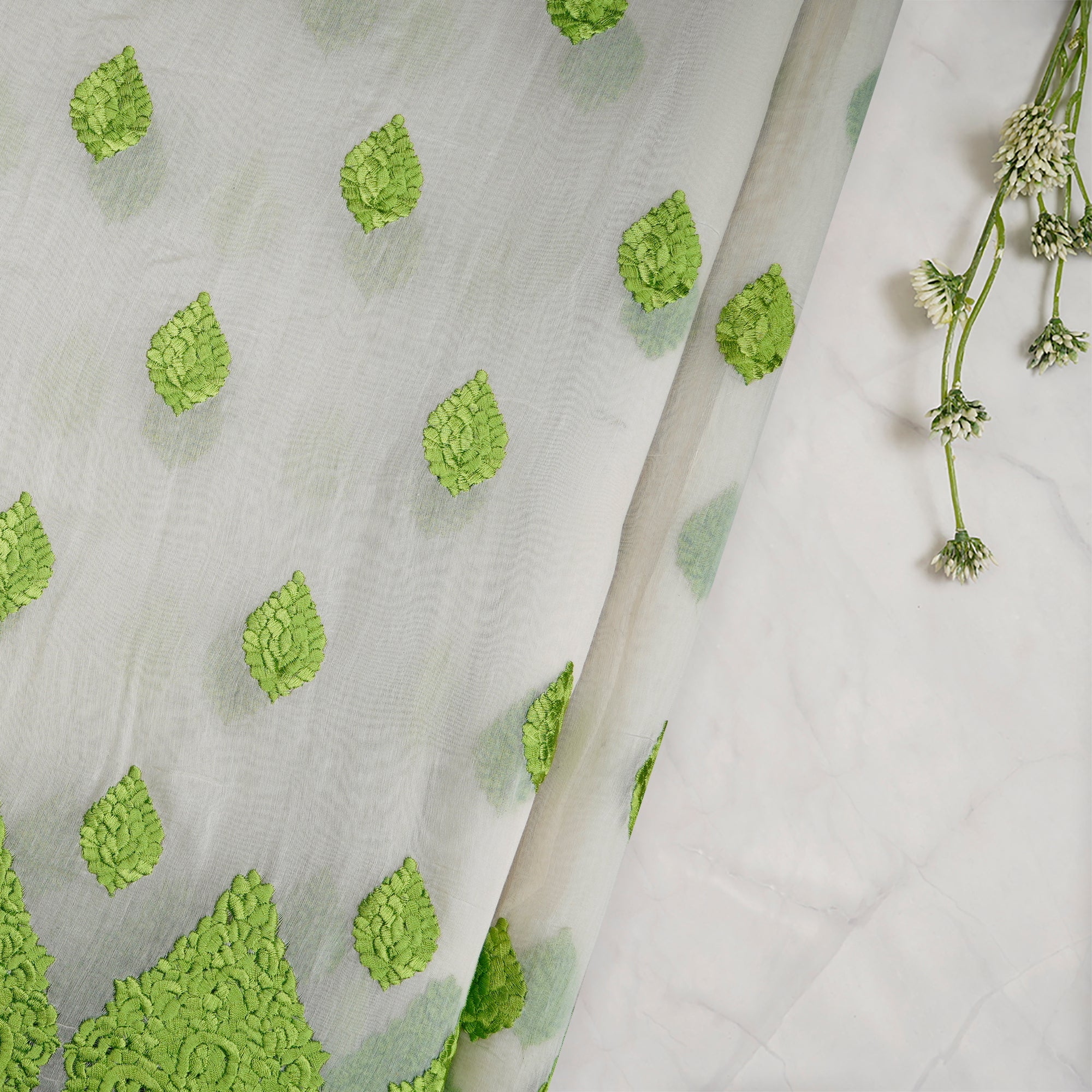 Lawn Green-White Color Embroidered Fine Chanderi Fabric