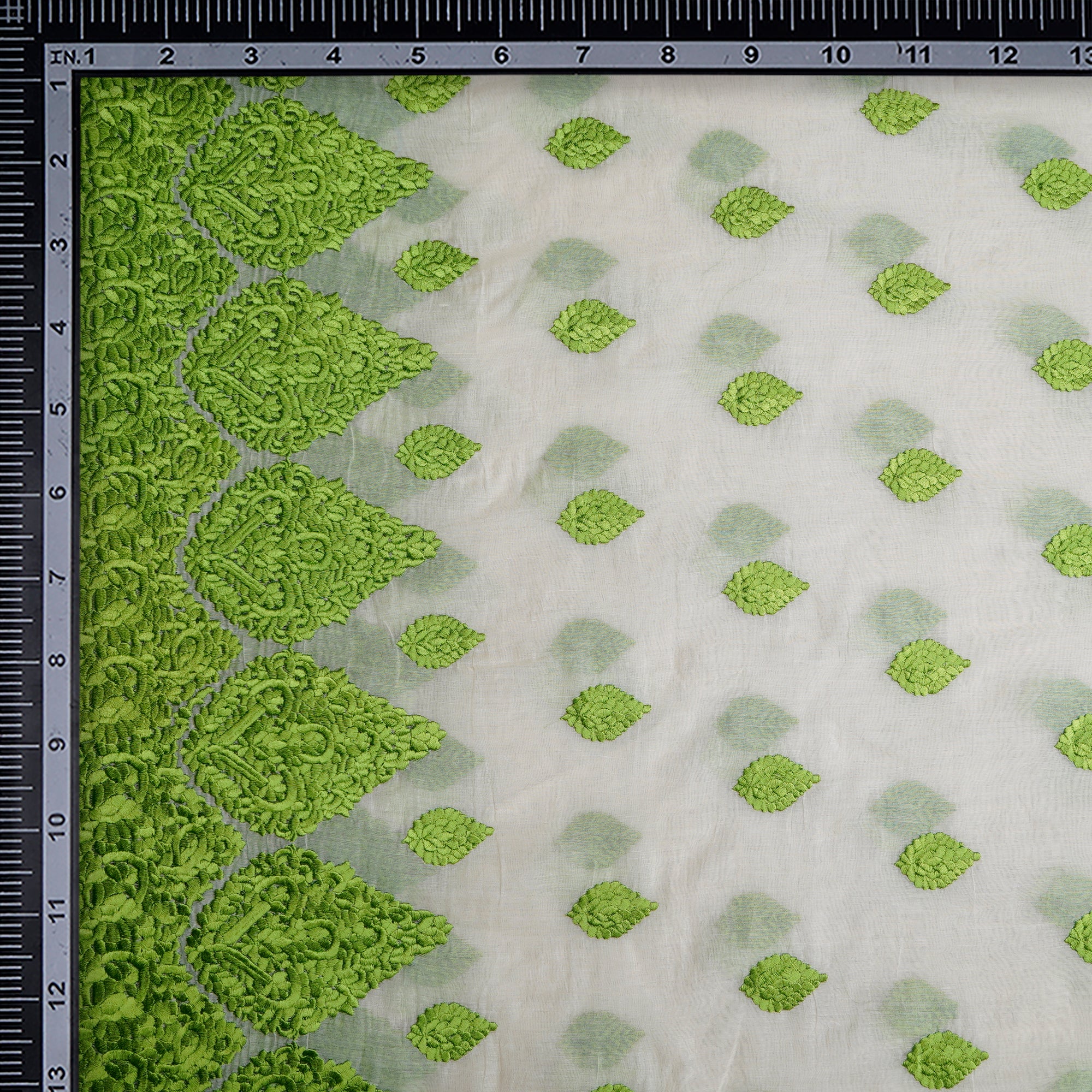Lawn Green-White Color Embroidered Fine Chanderi Fabric