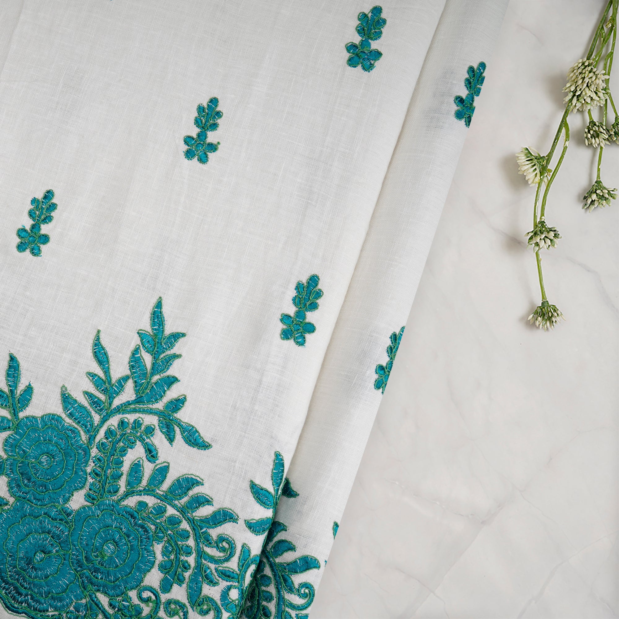 White-Blue Color Embroidered Plain Lee Fabric