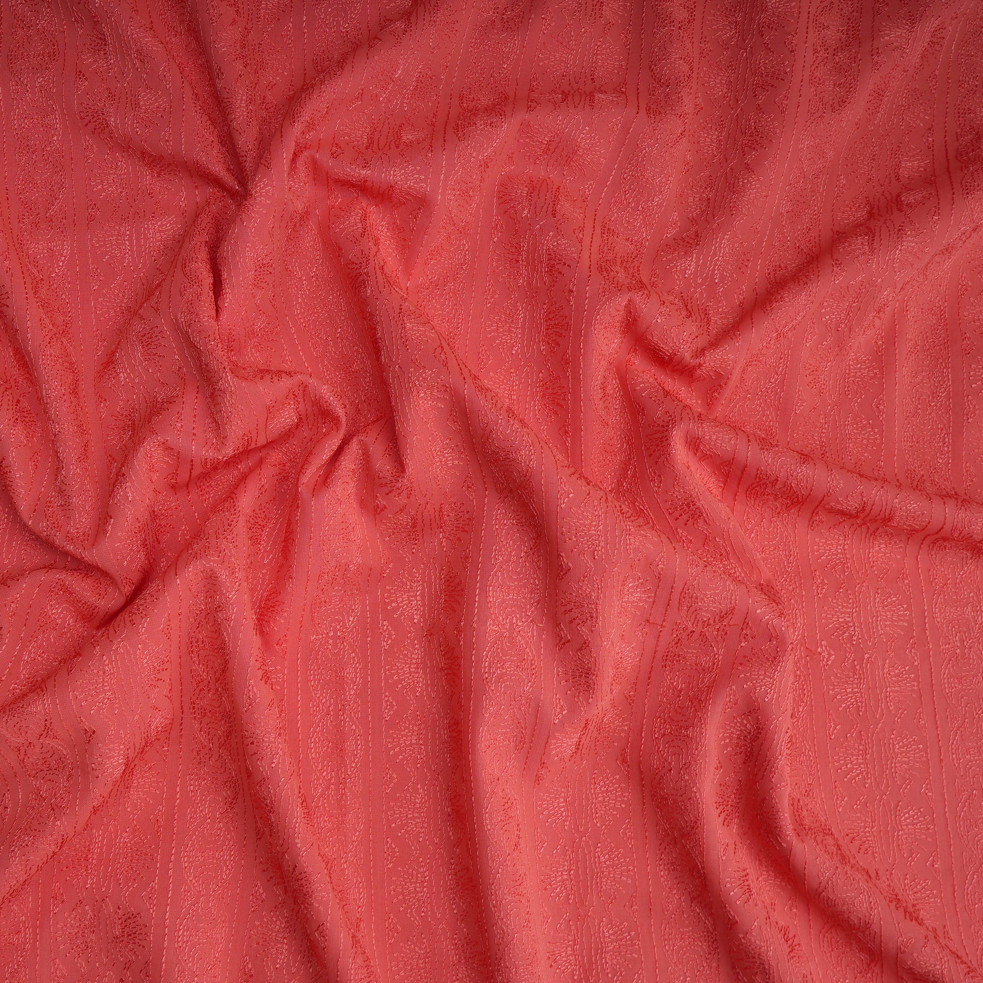 Coral Color Embroidered Cotton Voile Fabric