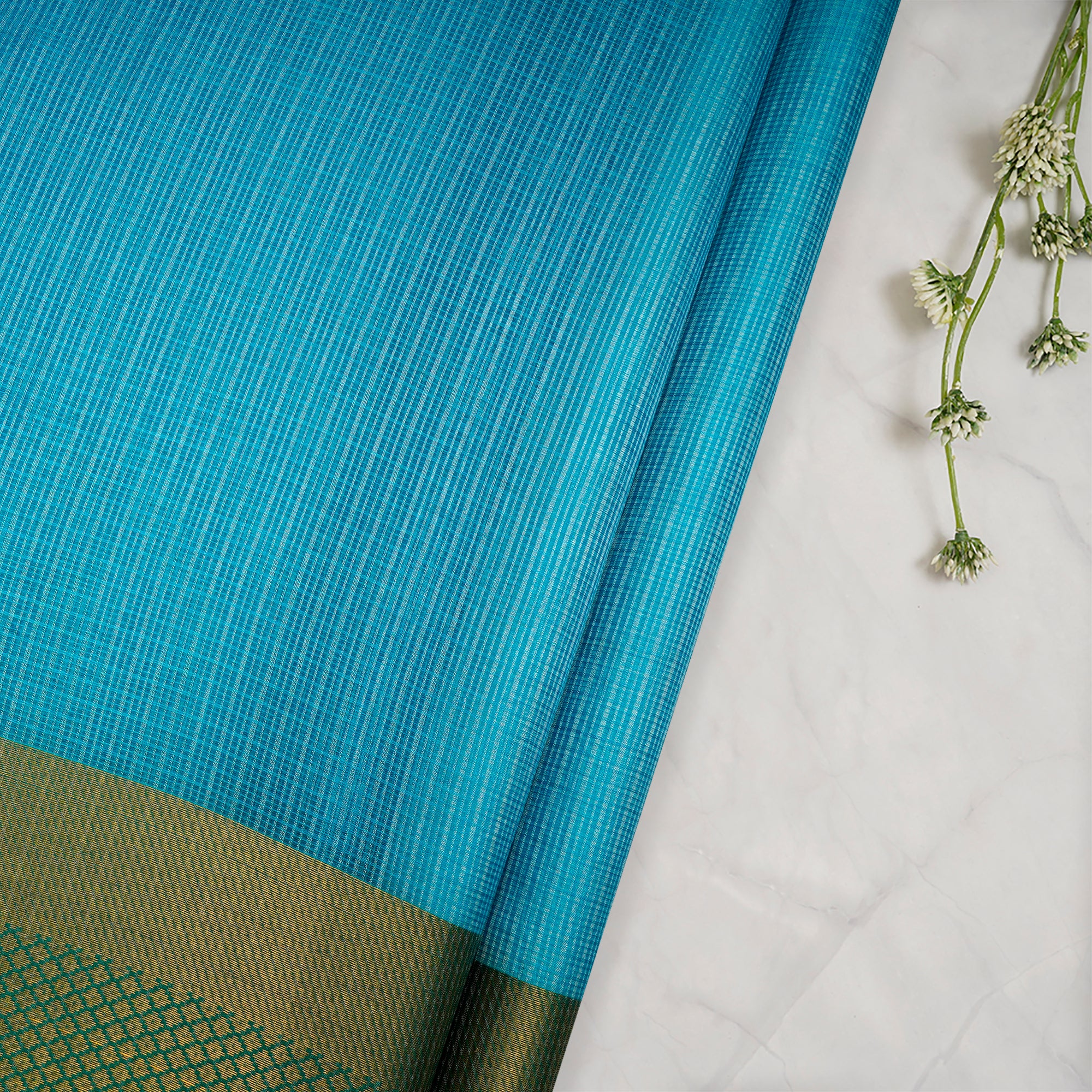 Light Blue Handwoven Kota Satin Silk Fabric With Border