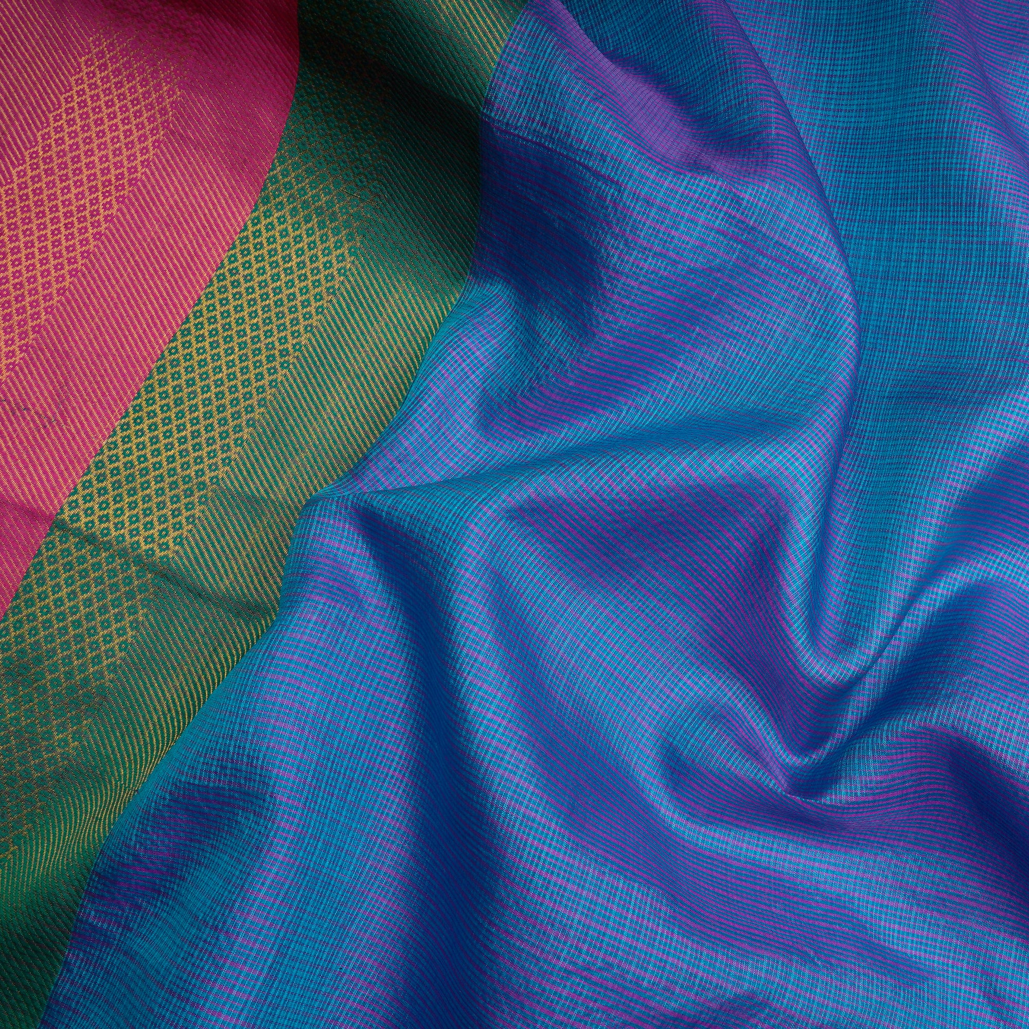 Blue-Pink Handwoven Kota Silk Fabric With Zari Border