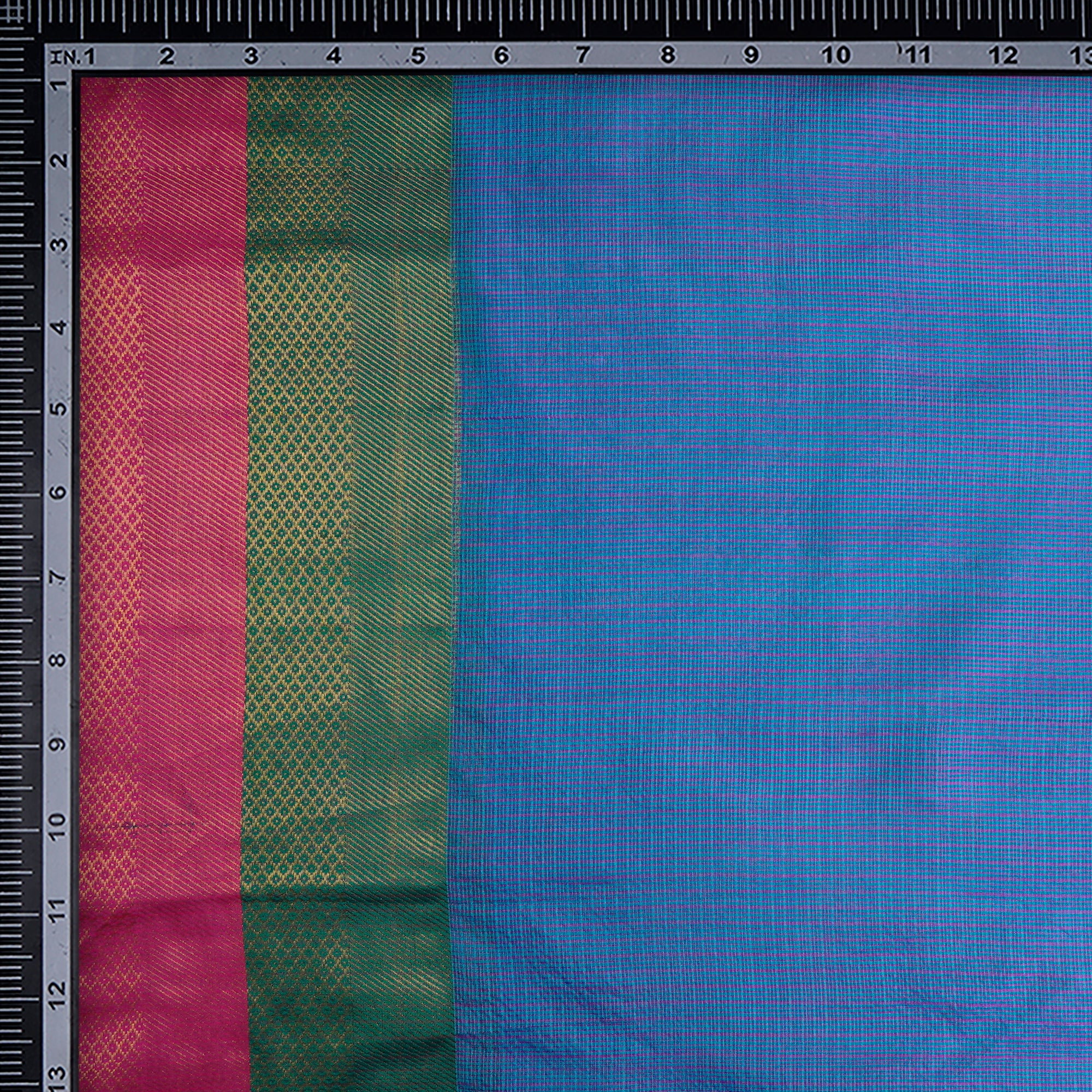 Blue-Pink Handwoven Kota Silk Fabric With Zari Border