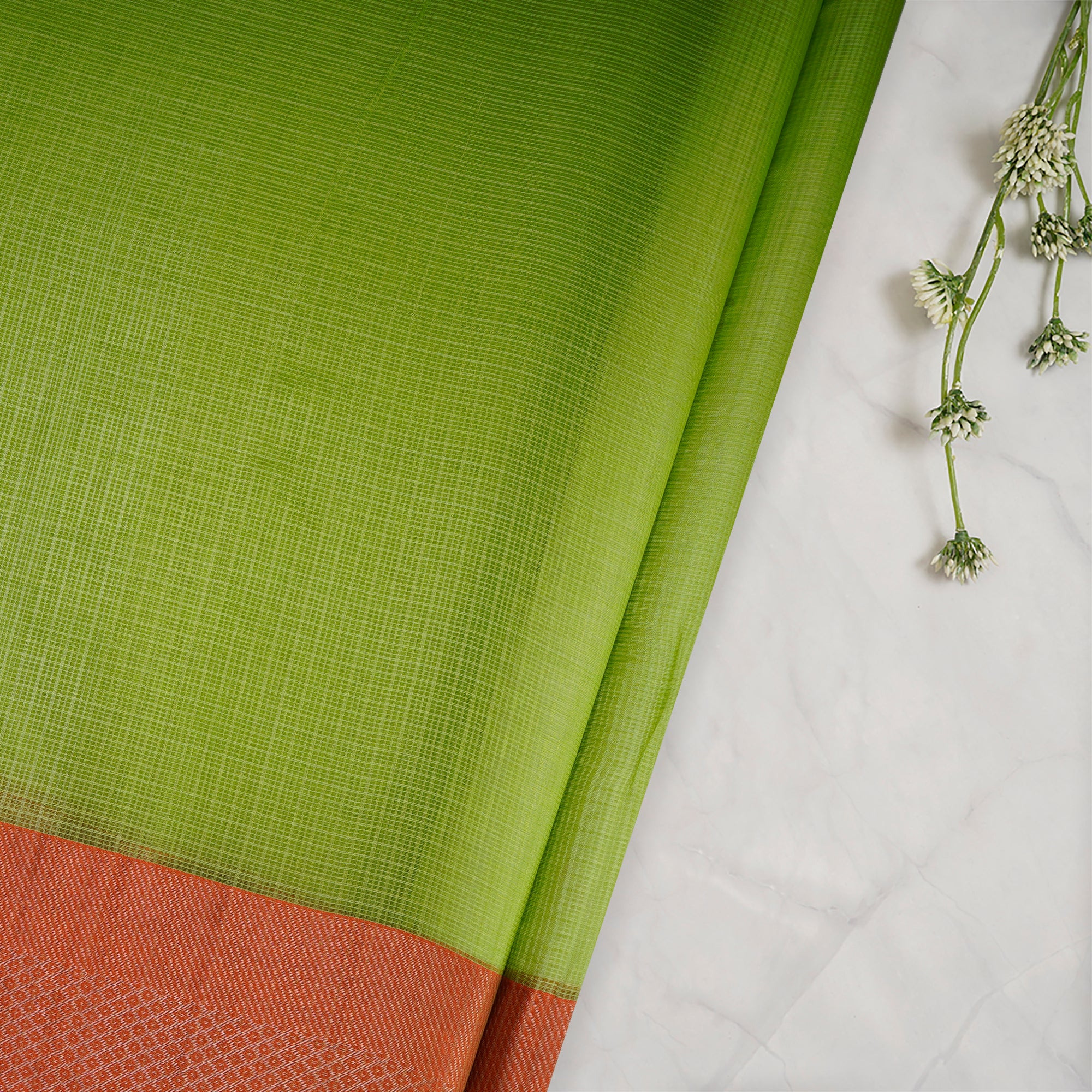 Lime Green-Pink Color Handwoven Kota Silk Fabric With Zari Border