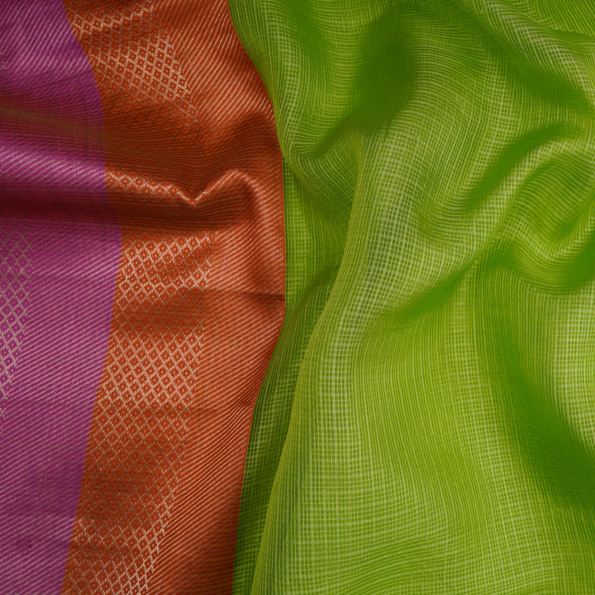 Lime Green-Pink Color Handwoven Kota Silk Fabric With Zari Border