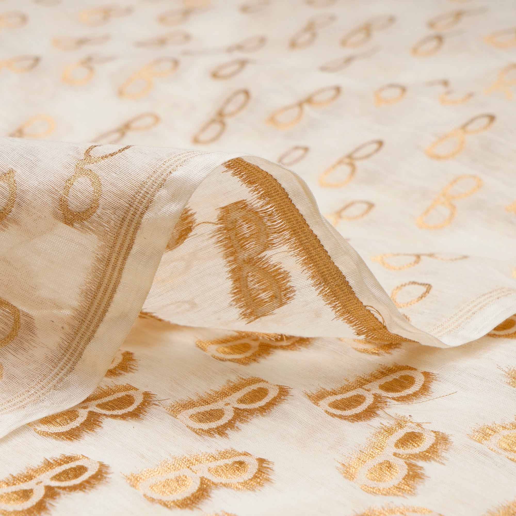 Off White-Golden Dyeable All Over Print Pattern Chanderi Jaquard Fabric