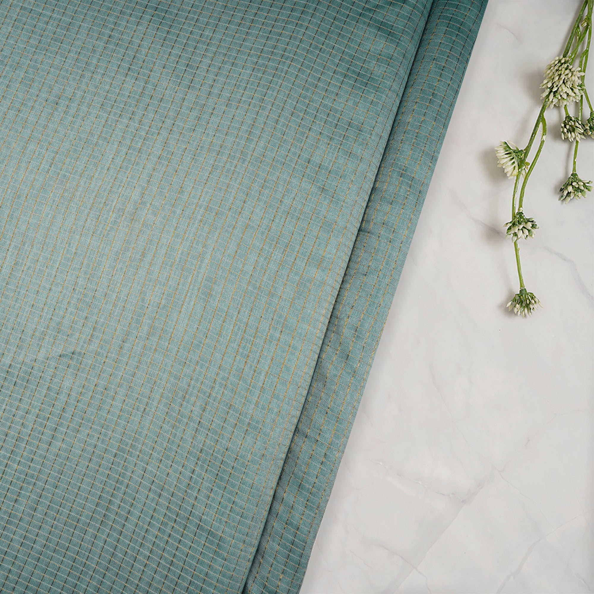 Mint Green Check Pattern Fancy Banarasi Chanderi Silk Fabric