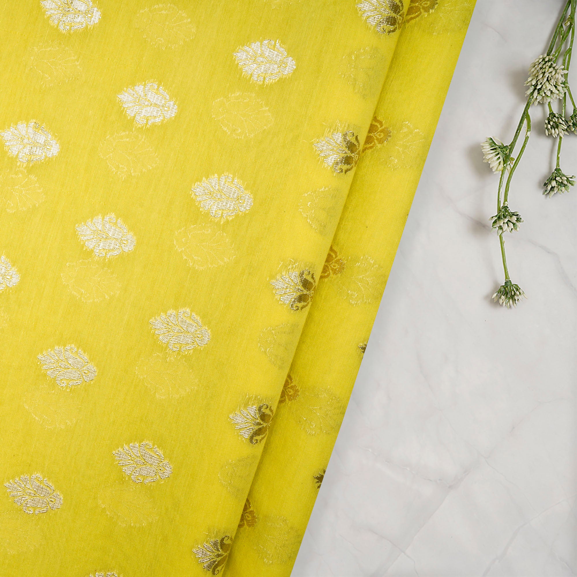 Lemon Yellow Color Chanderi Jacquard Fabric