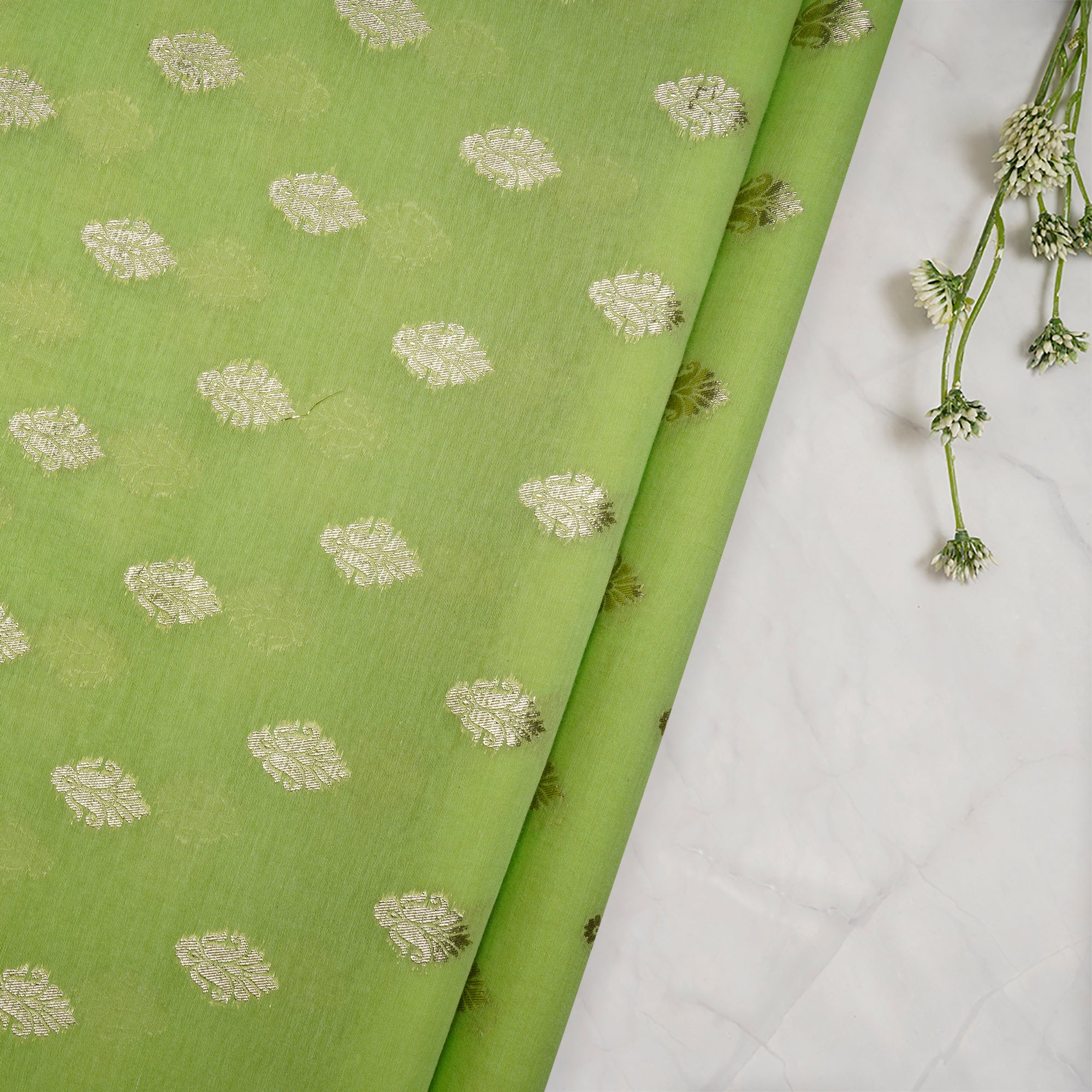 Parrot Green Motif Pattern Chanderi Jacquard Fabric