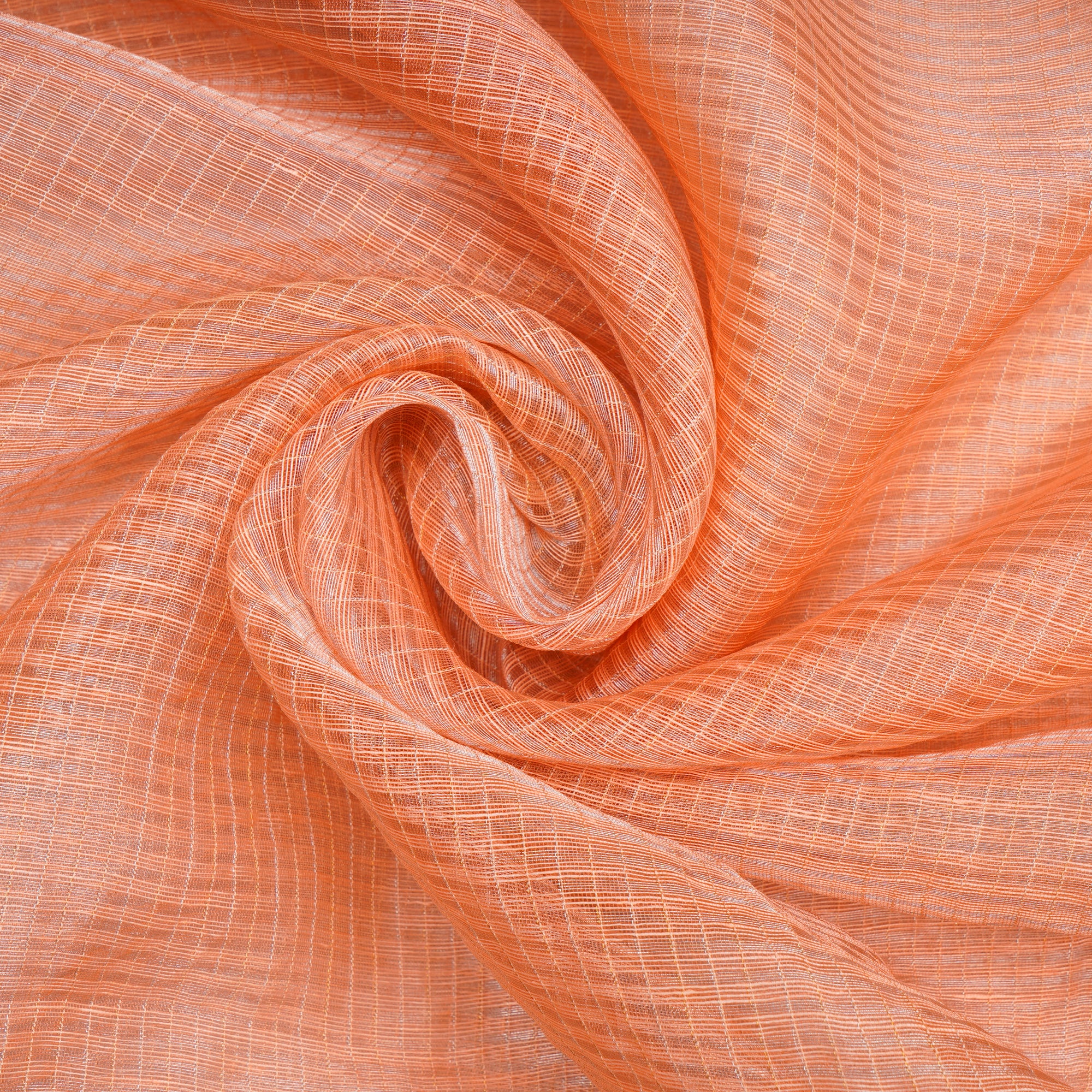 Peach Piece Dyed Check Pattern Silk Linen Zari Fabric
