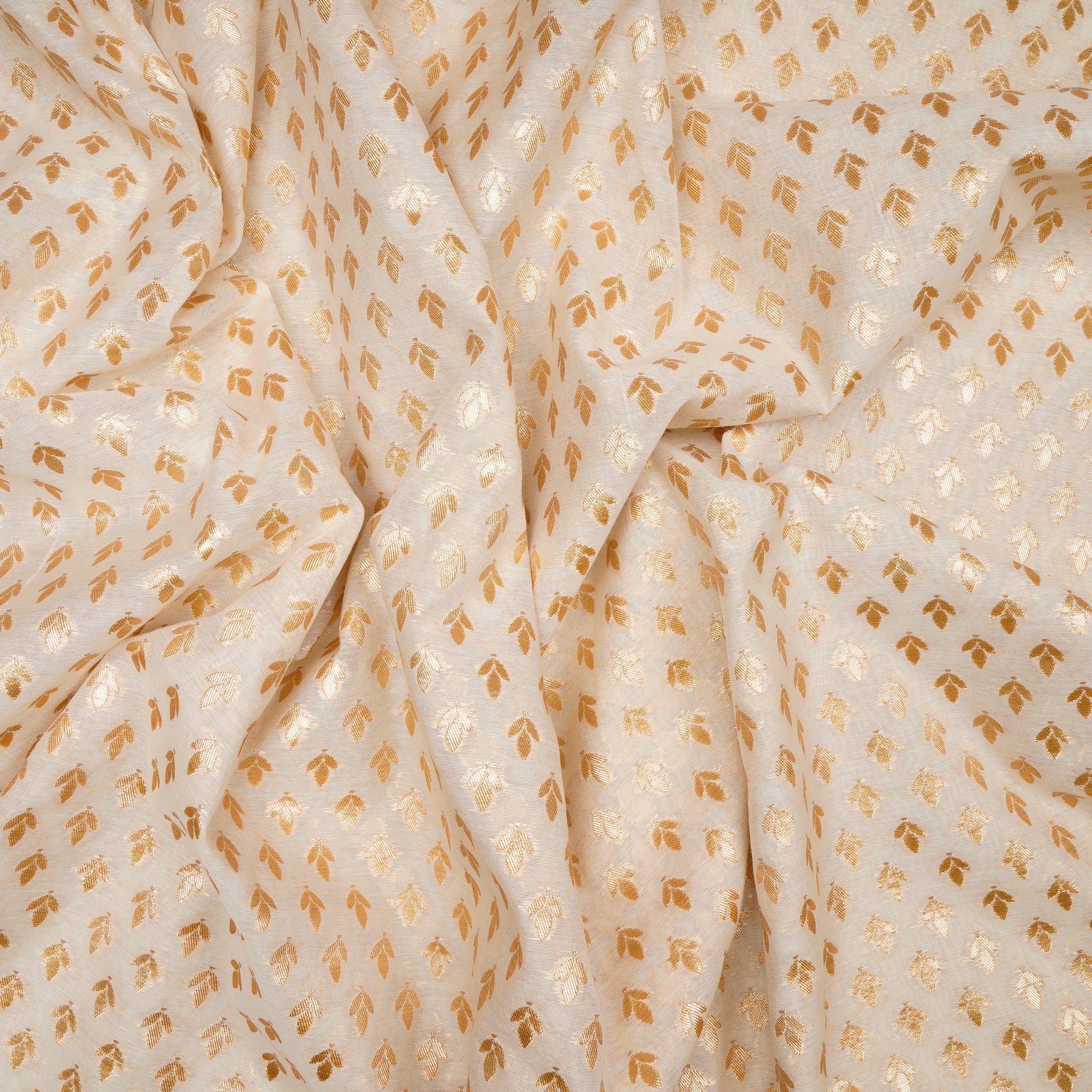 White-Gold Motif Pattern Blended Banarasi Cotton Jacquard Fabric