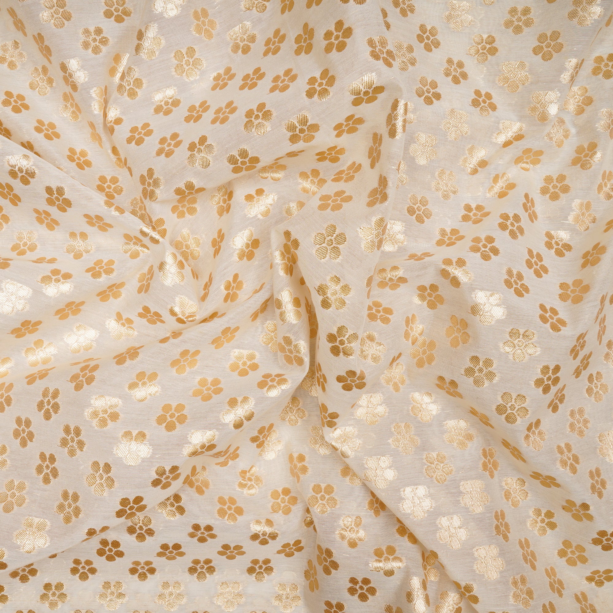 White-Gold Handwoven Blended Banarasi Cotton Jacquard Fabric