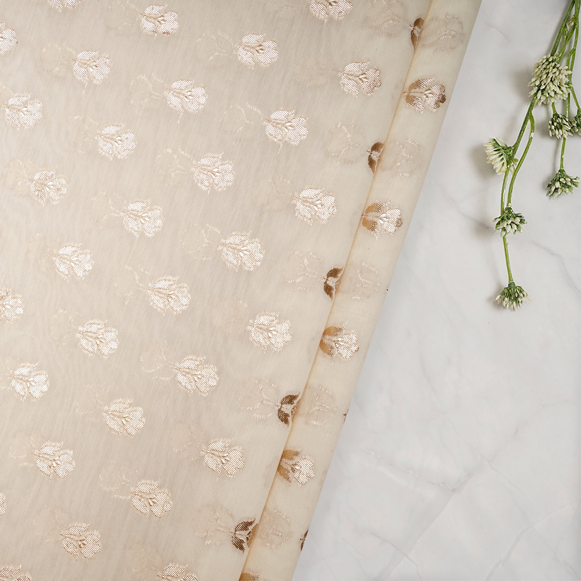 Cream Handwoven Blended Banarasi Brocade Fabric