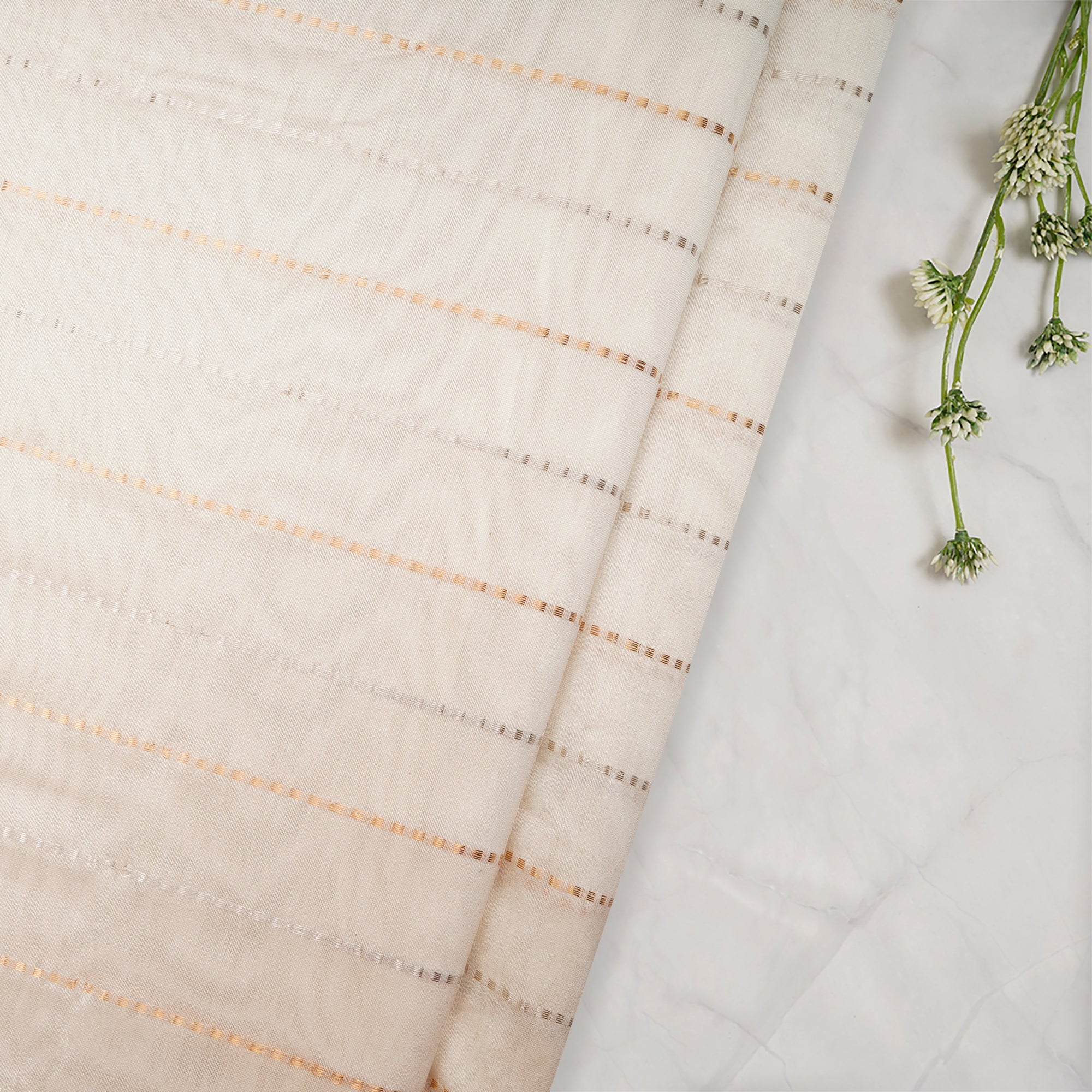 Off-White Dyeable Stripe Pattern Handwoven Gold-Silver Zari Chanderi Dobby Fabric