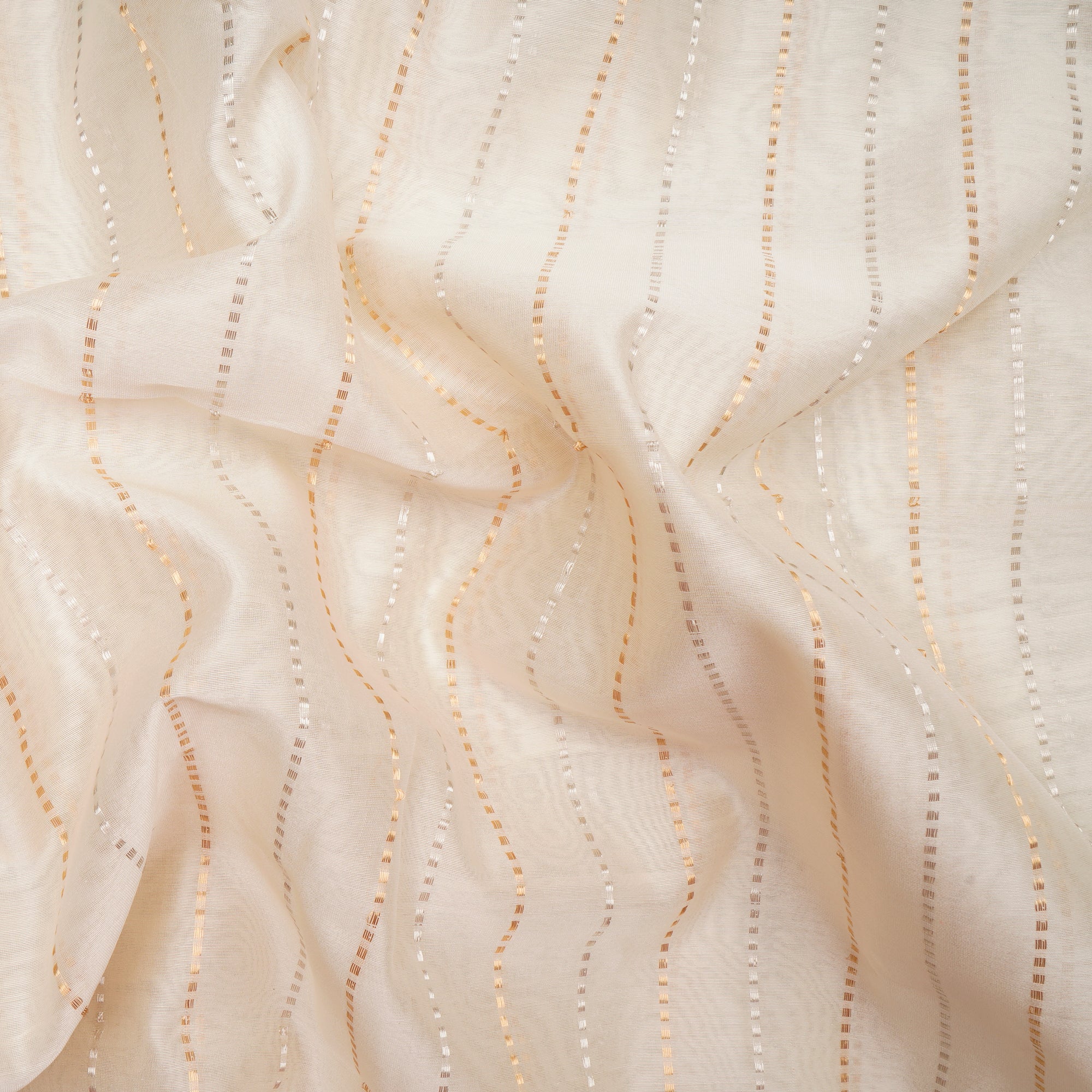 Off-White Dyeable Stripe Pattern Handwoven Gold-Silver Zari Chanderi Dobby Fabric