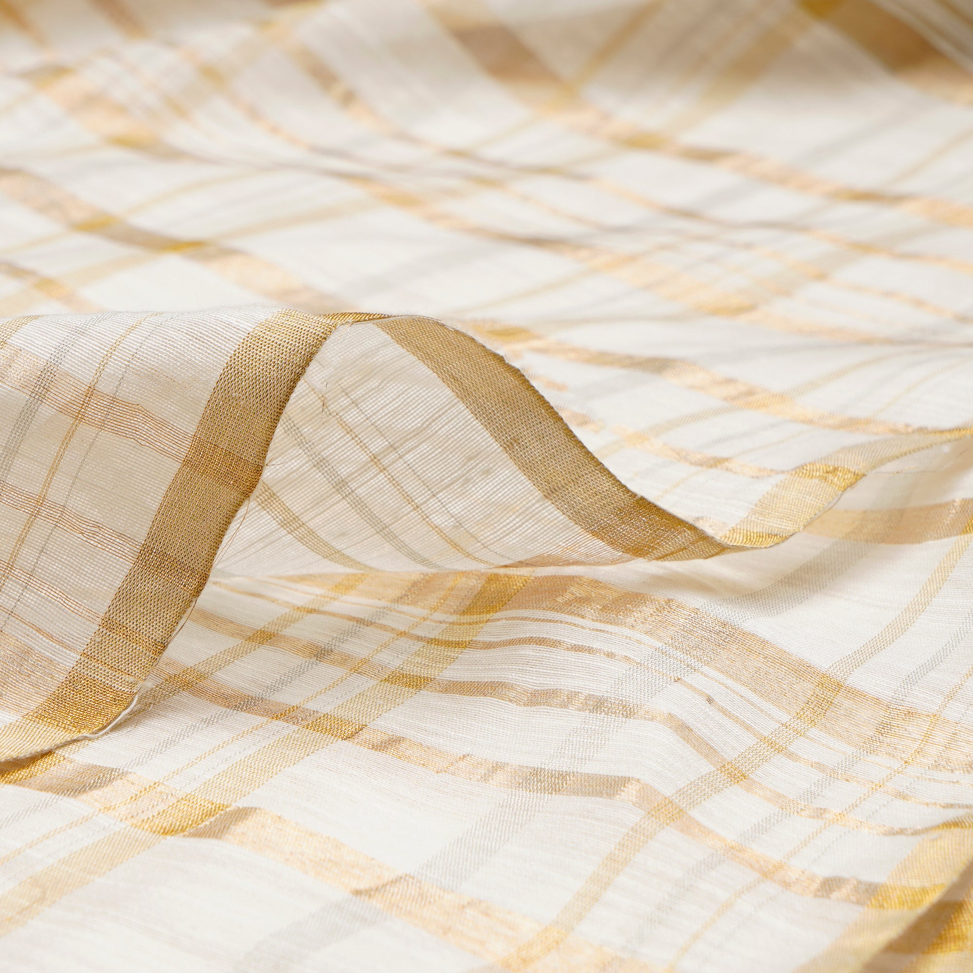 White-Gold Dyeable Check Pattern Fancy Viscose Raw Silk Zari Fabric