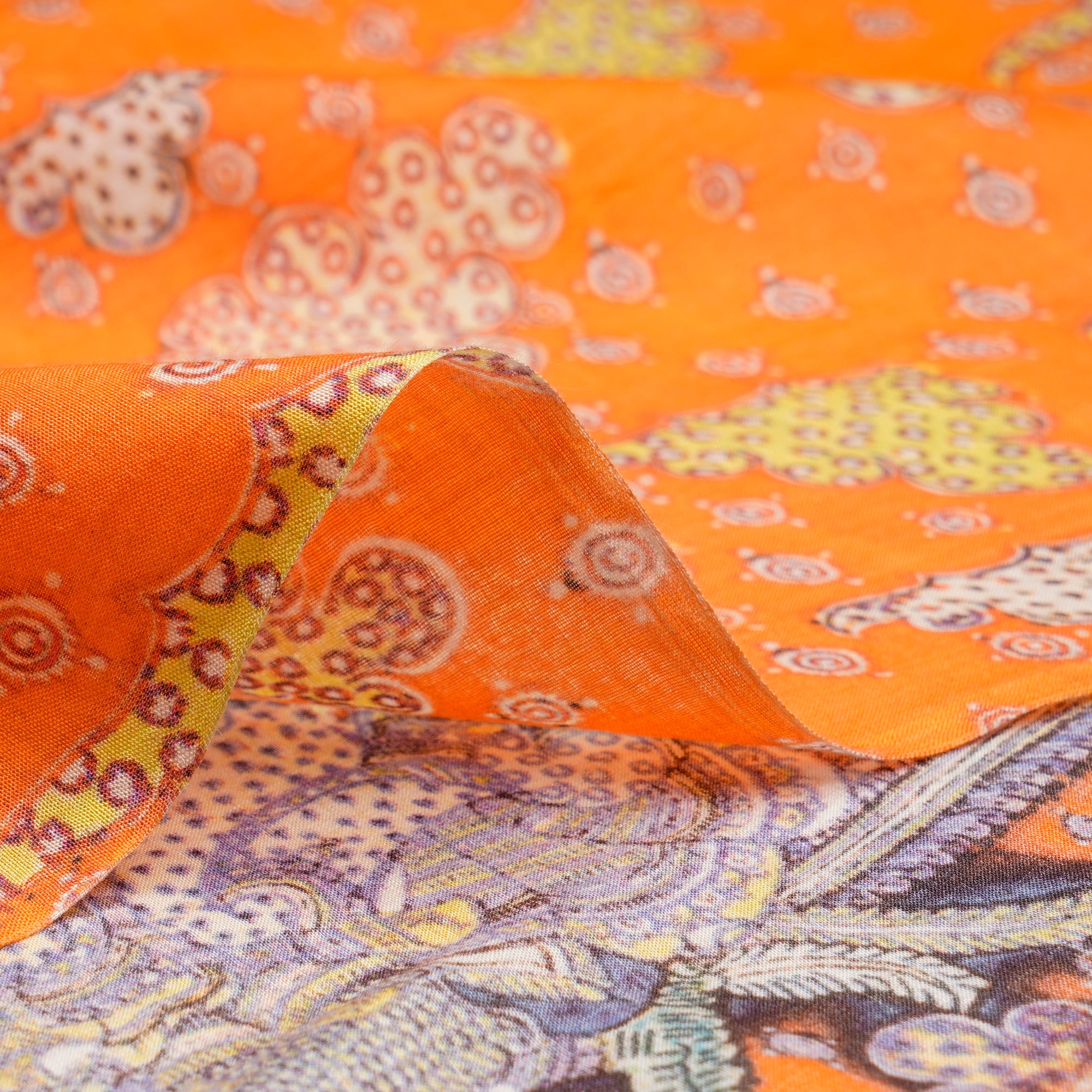Orange Traditional Pattern Digital Print Tusser Chanderi Fabric
