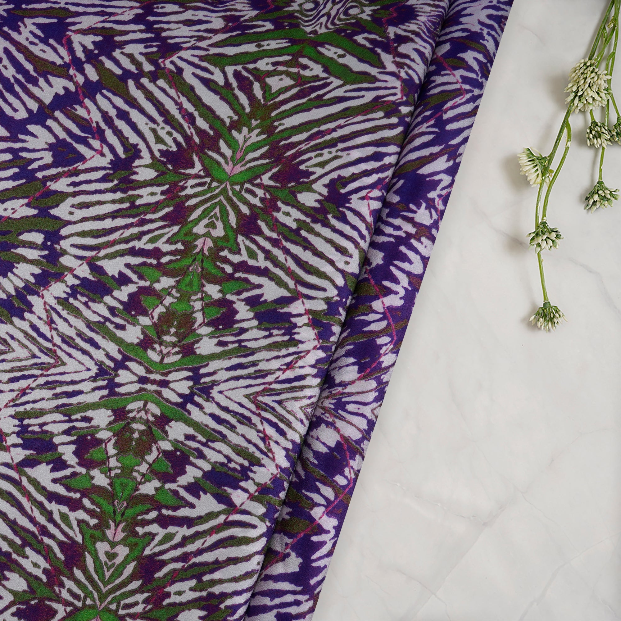 Purple-White Color Digital Printed Crepe Silk Fabric