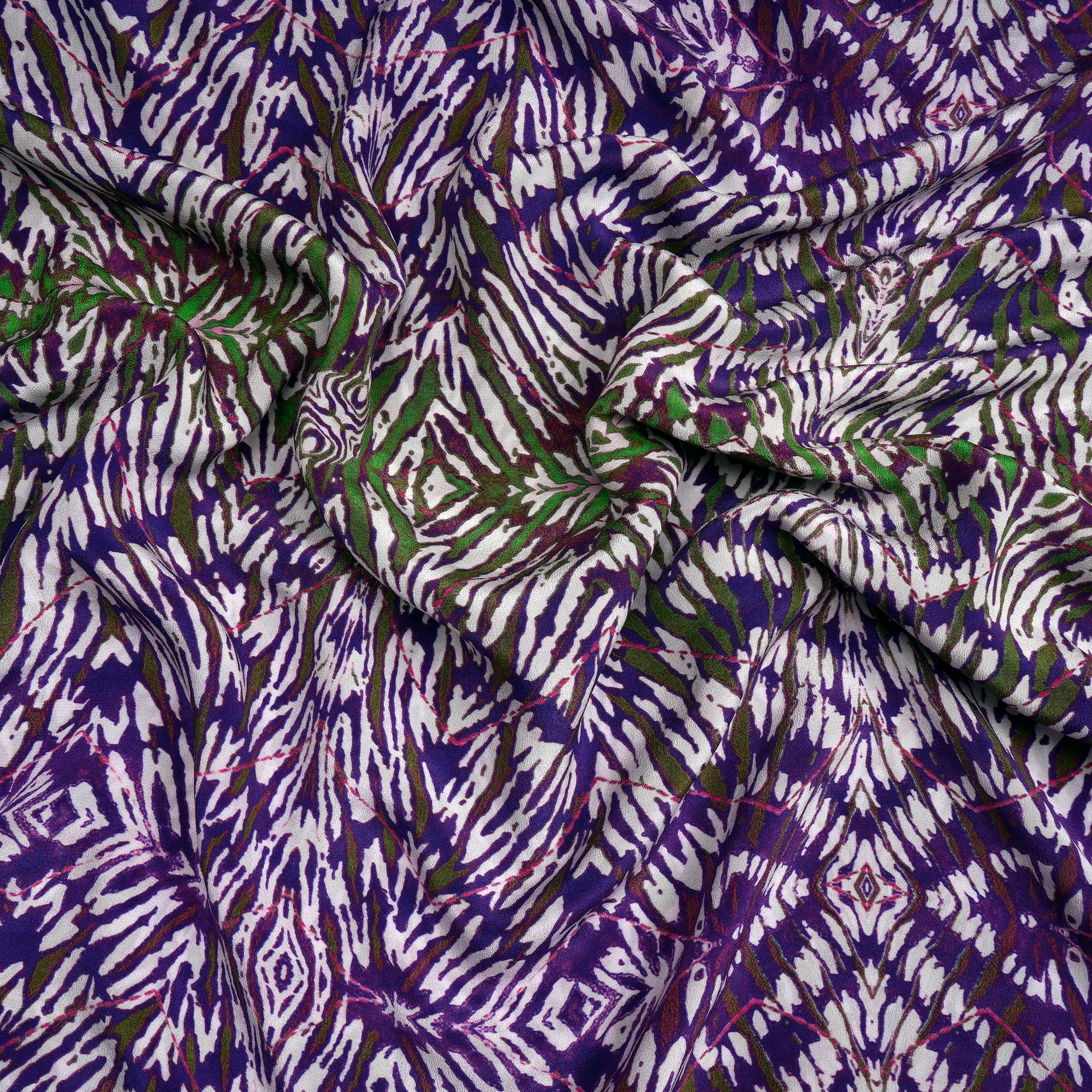 Purple-White Leaf Pattern Digital Print Crepe Silk Fabric