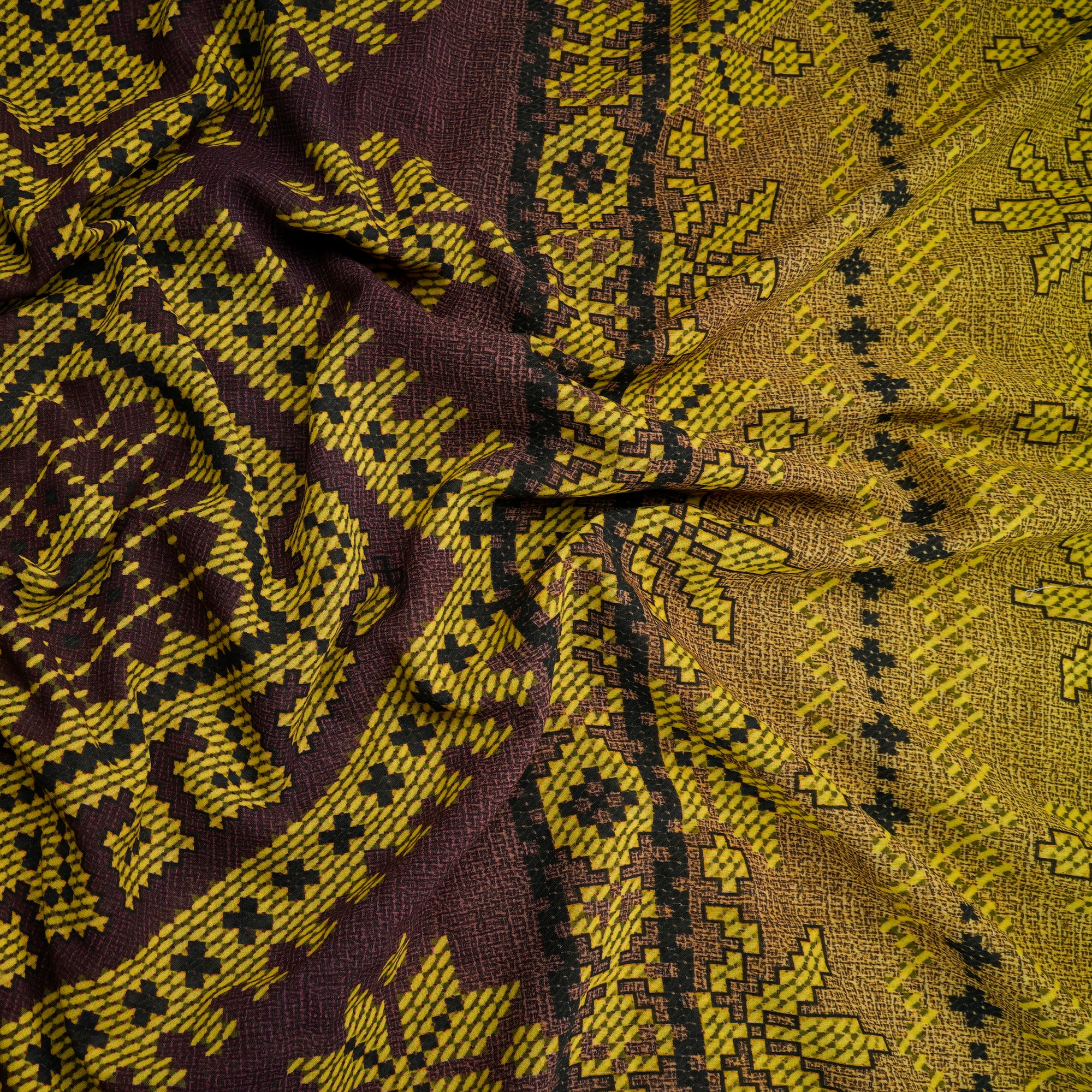 Maroon-Yellow Geometric Pattern Digital Print Organza Silk Fabric