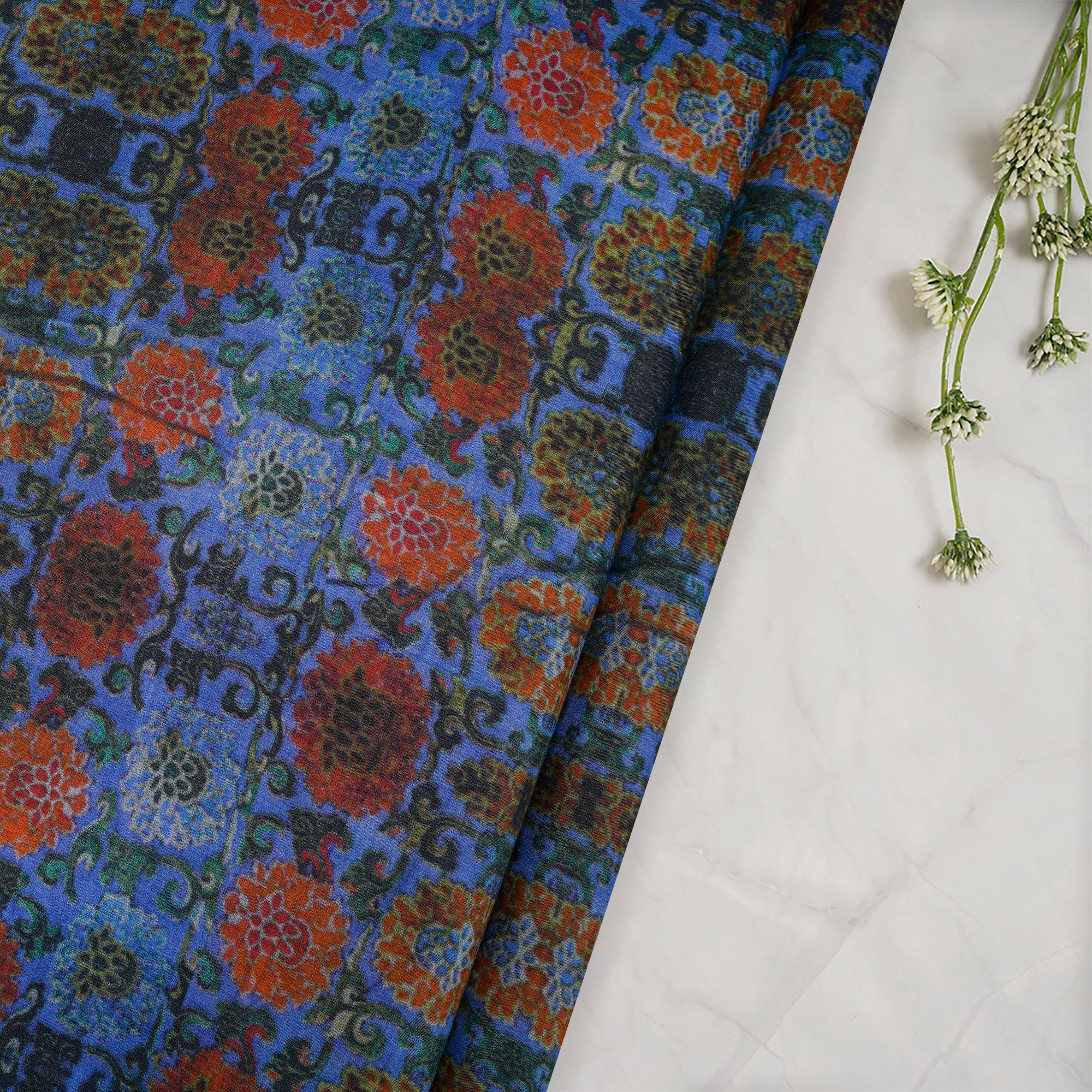 Blue Floral Pattern Digital Print Tusser Chanderi Fabric