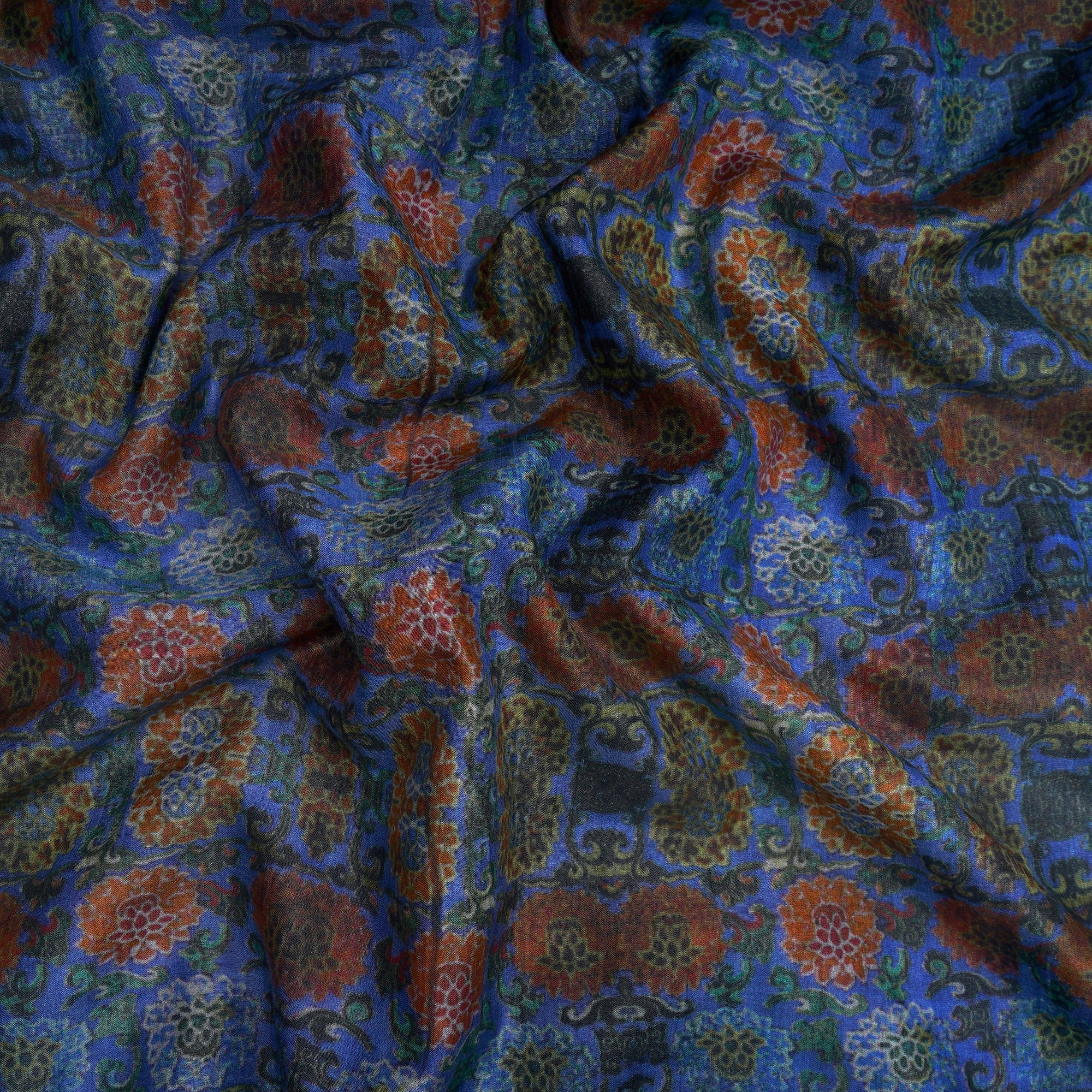 Blue Floral Pattern Digital Print Tusser Chanderi Fabric