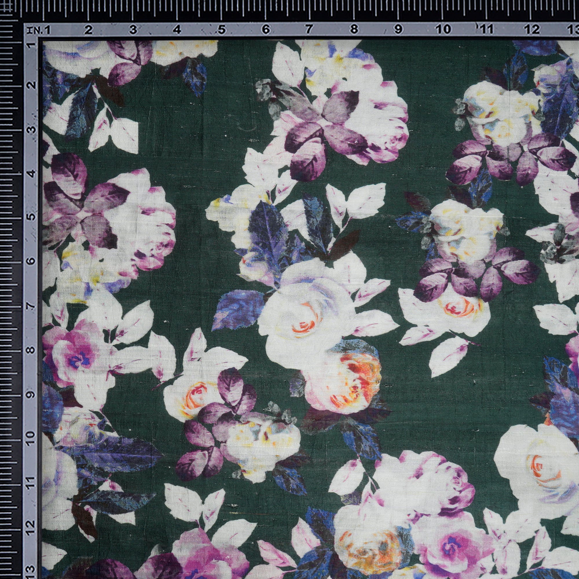 Dark Green-Off White Color Digital Printed Dupion Silk Fabric