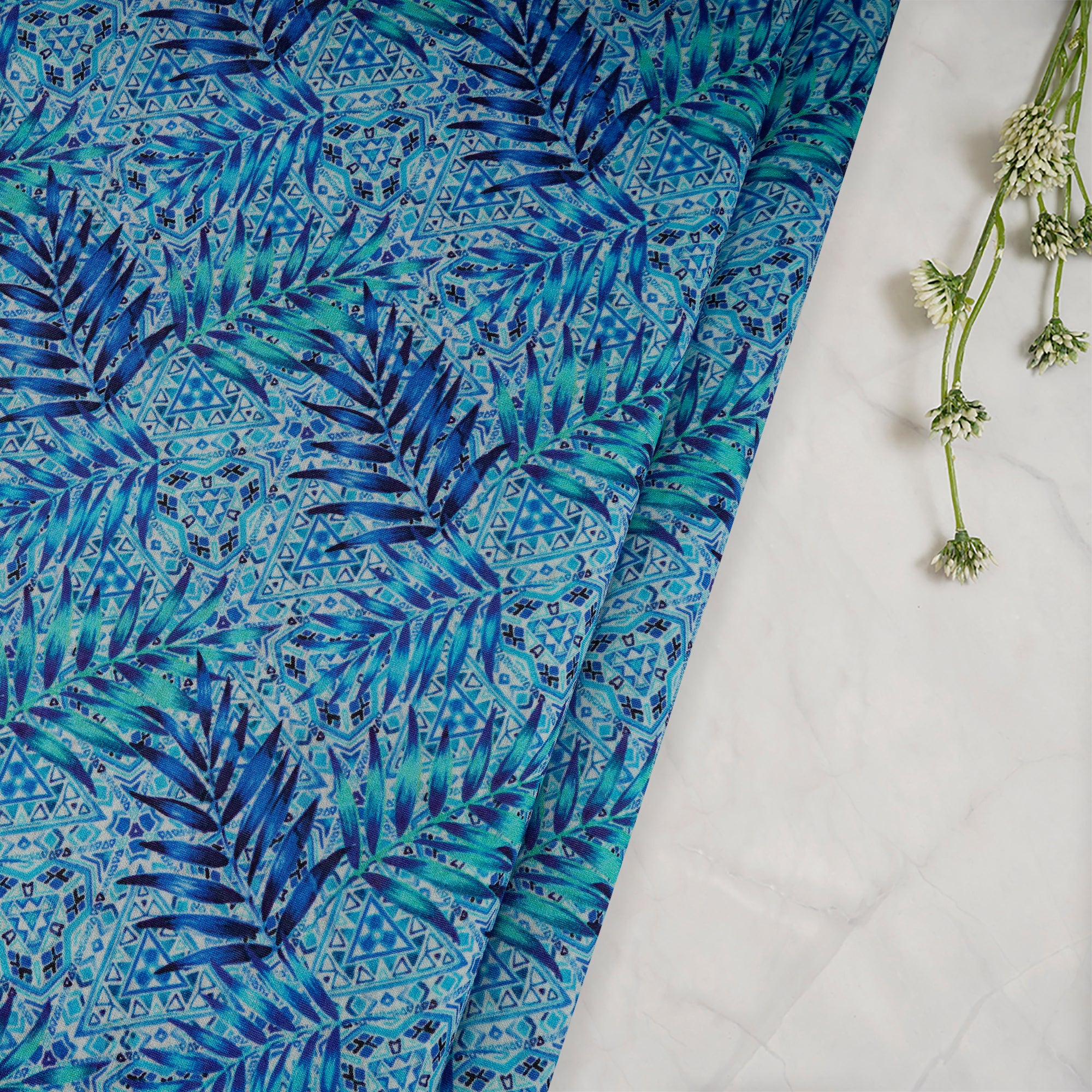 Azure Blue Leaf Pattern Digital Print Chanderi Fabric