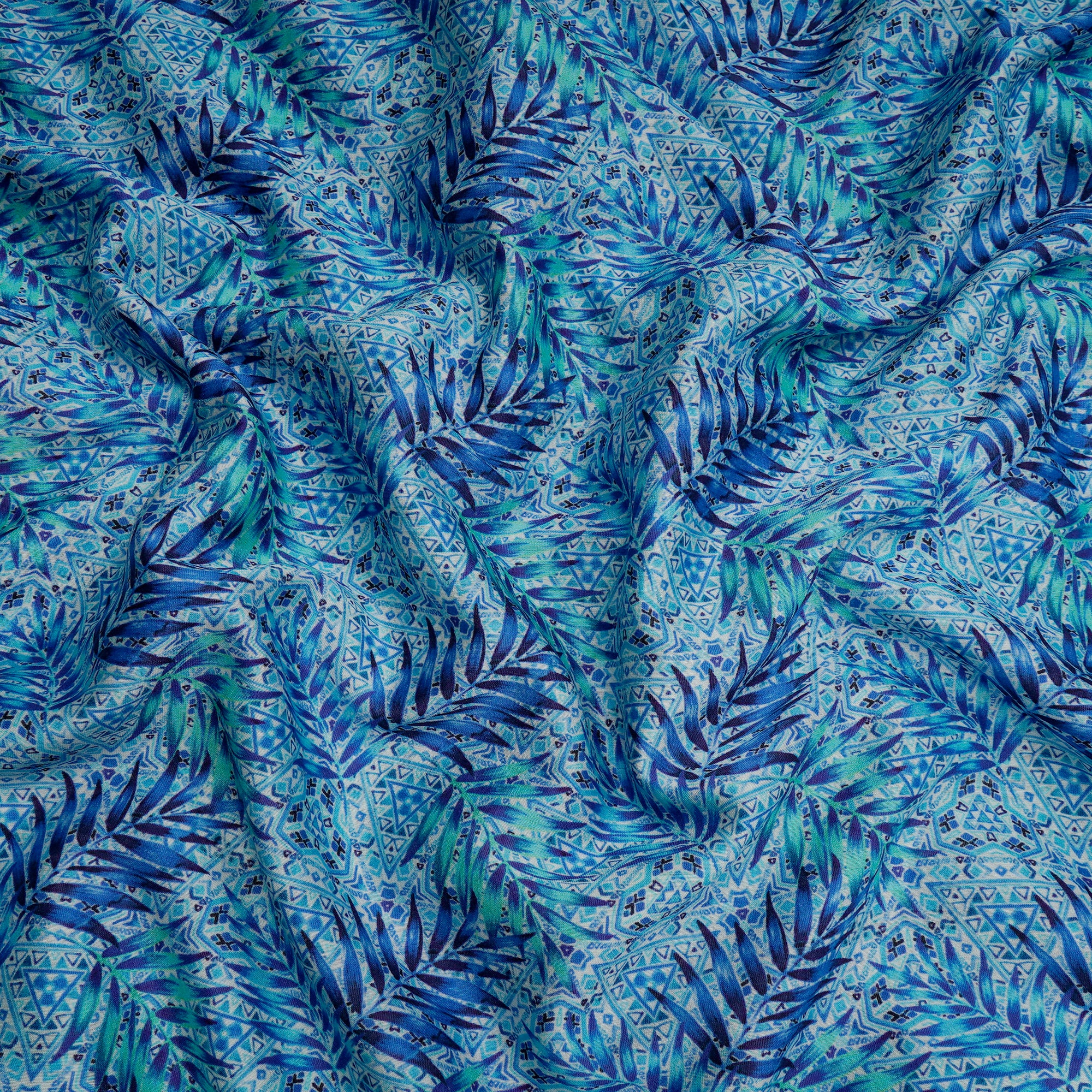 Azure Blue Leaf Pattern Digital Print Chanderi Fabric