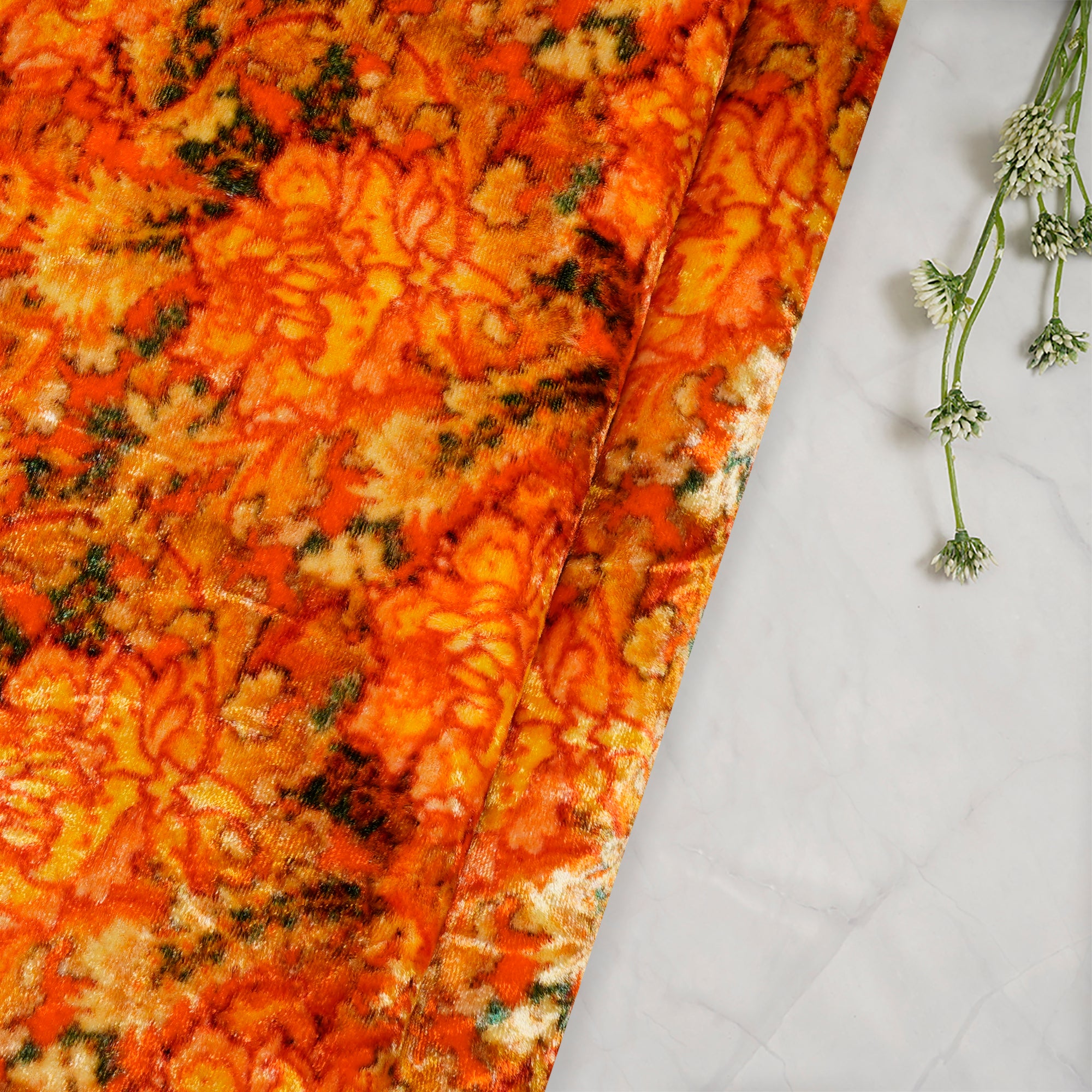 Orange Color Digital Printed Velvet Silk Fabric
