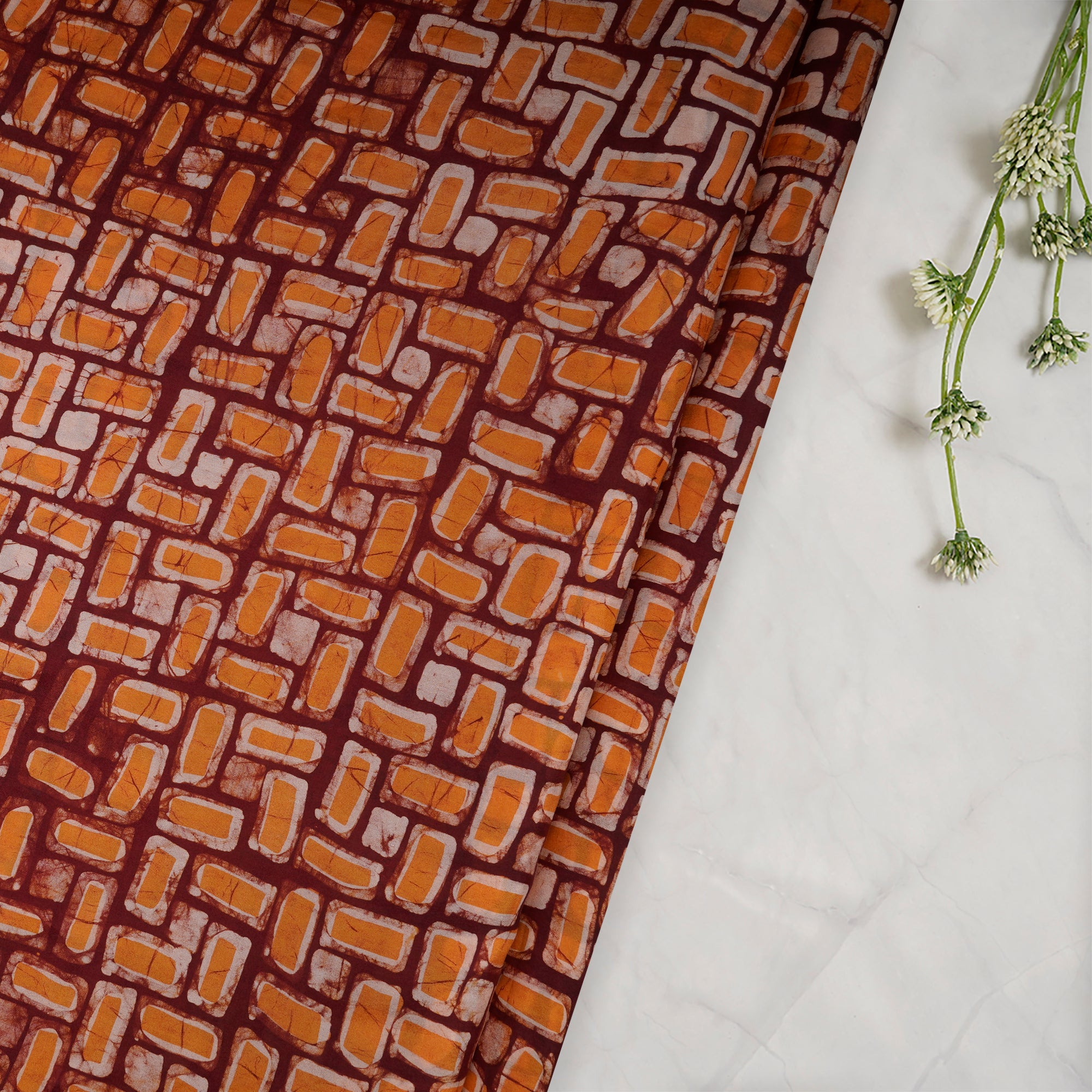 Red-Mustard Color Handcrafted Batik Printed Silk Fabric