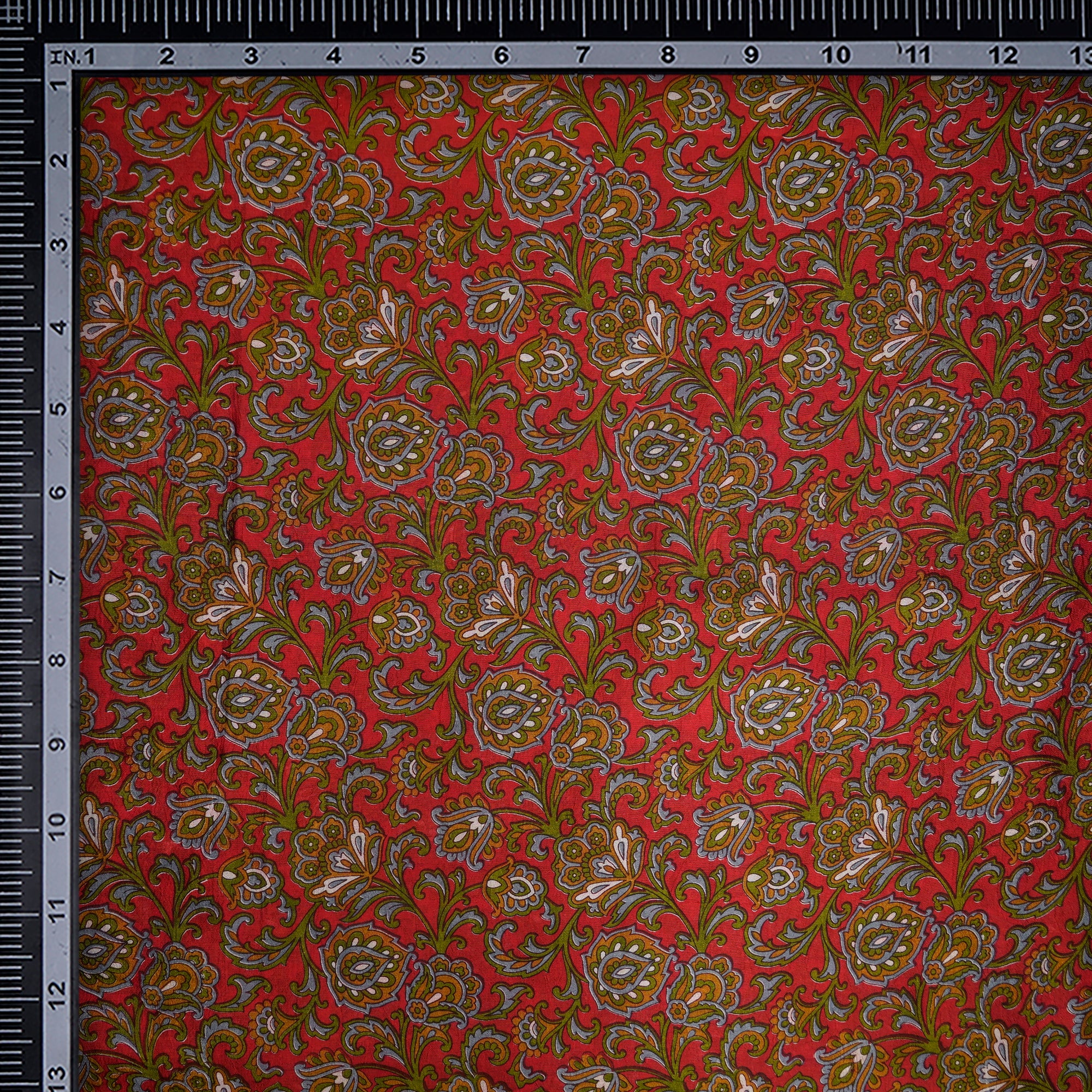 Red-Green Color Printed Dupion Silk Fabric