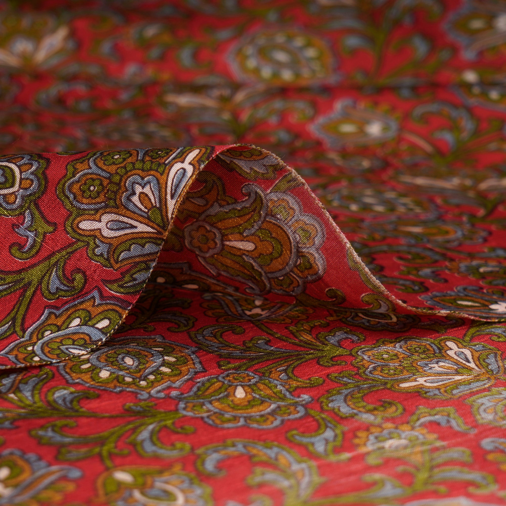 Red-Green Color Printed Dupion Silk Fabric
