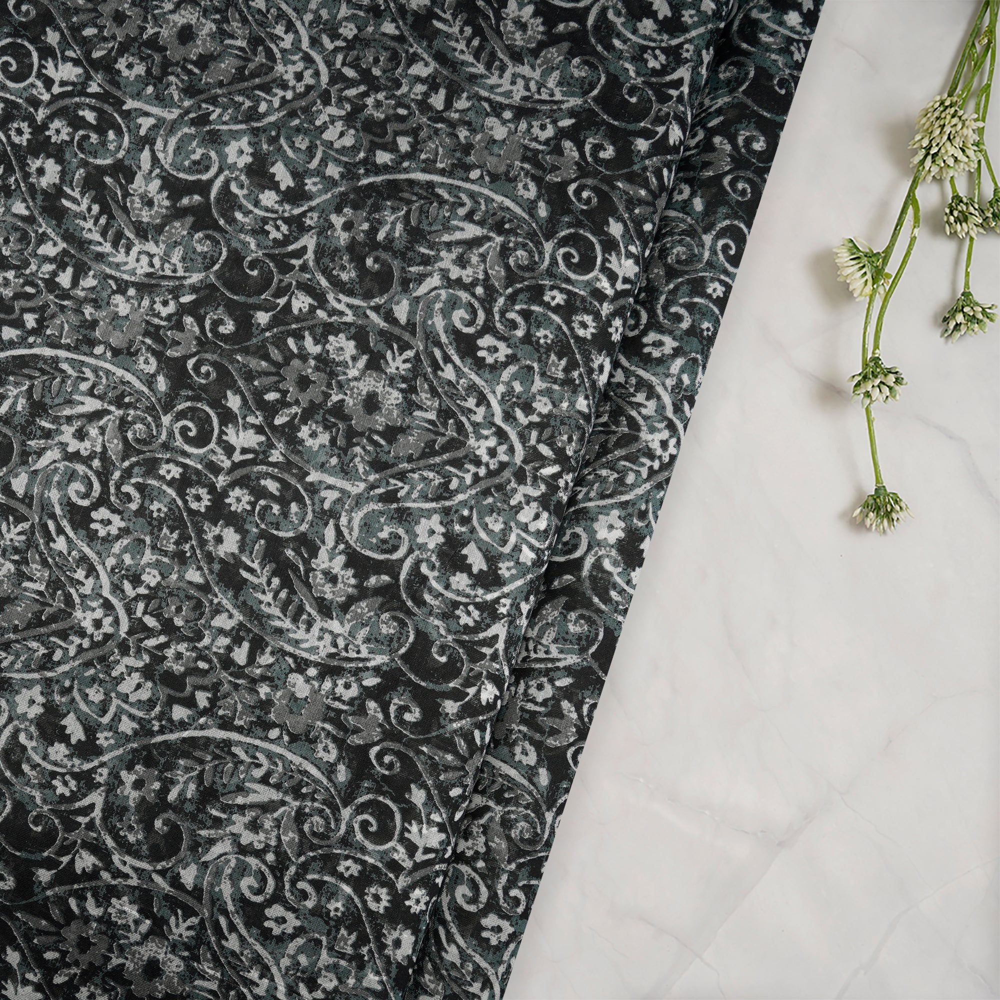 Black-Grey Color Printed Fine Chanderi Fabric